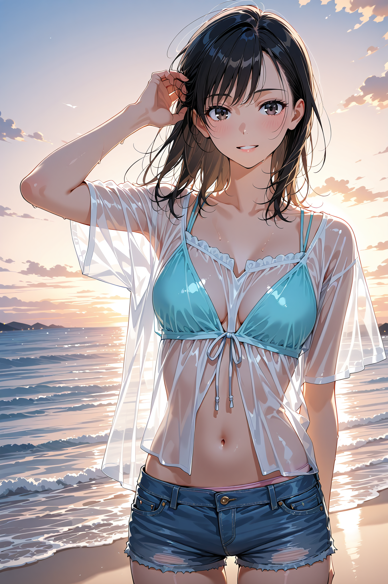 夕焼けビーチの清楚な笑顔ポートレート #美少女 #アニメ調 #屋外