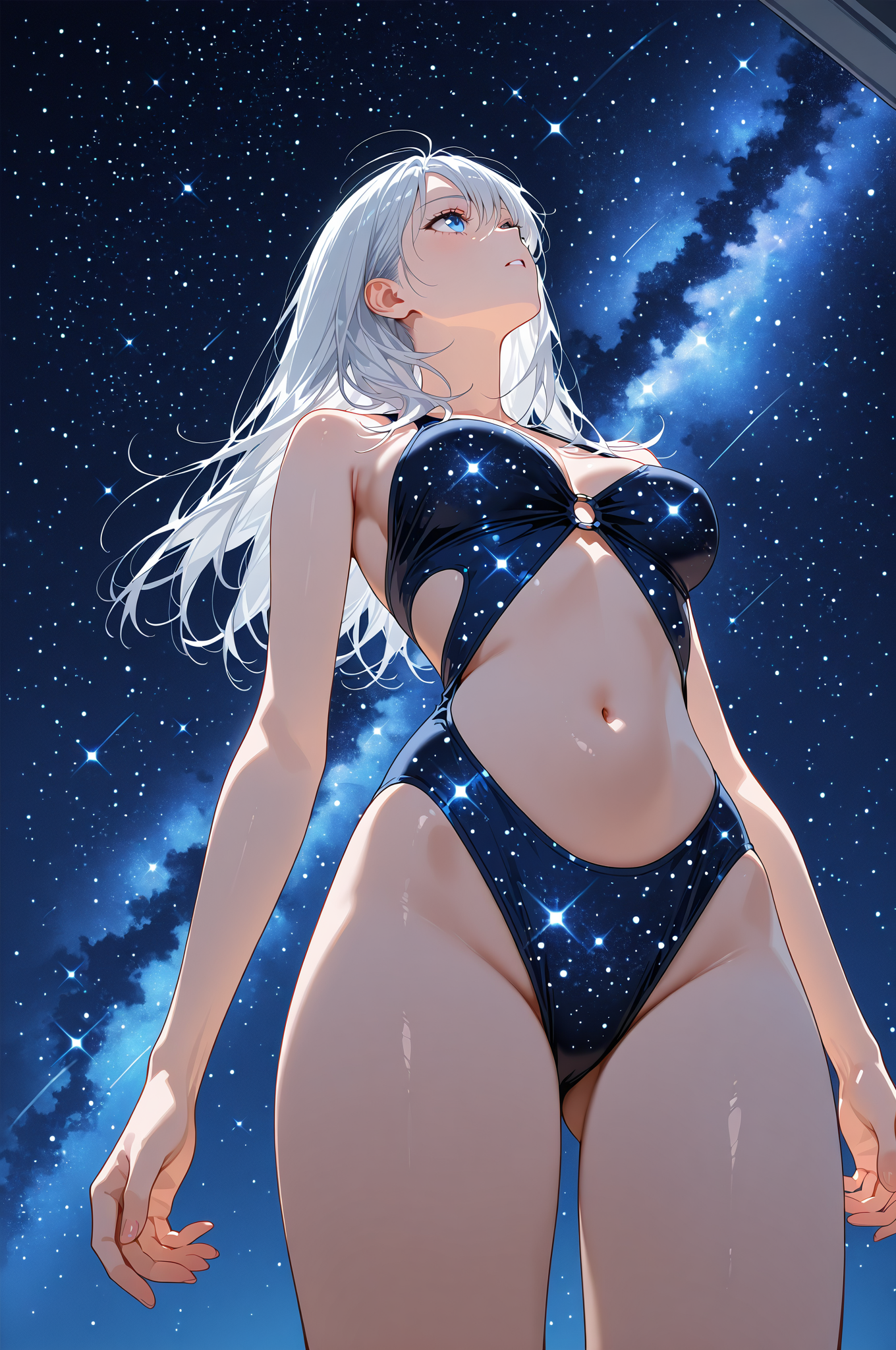 星空を見つめる白髪の美少女ポートレート #美少女 #アニメ調 #笑顔