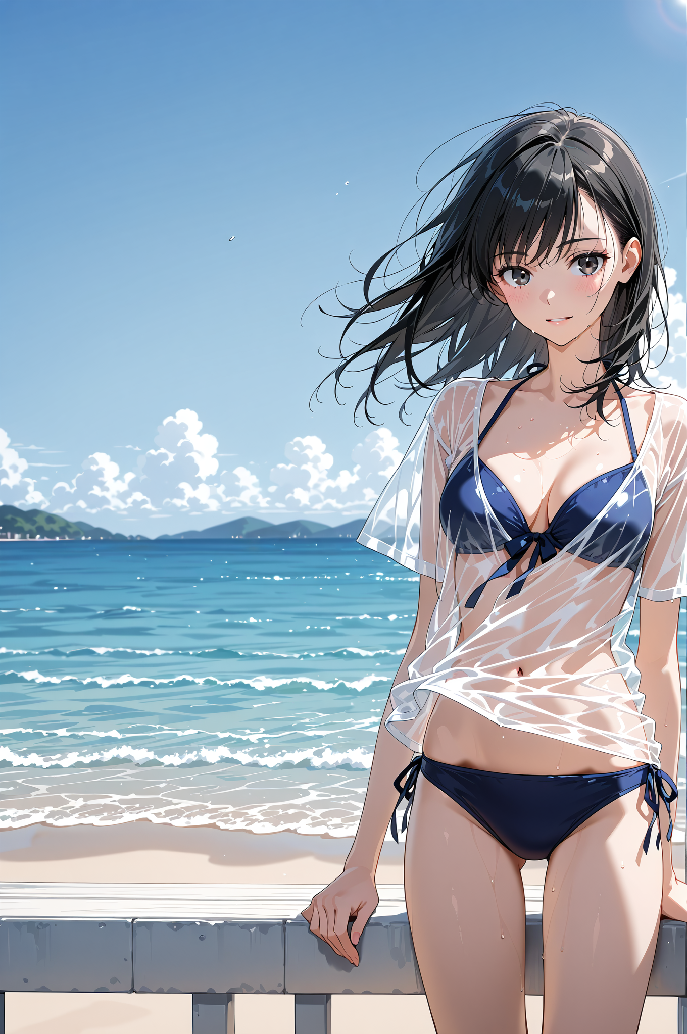 海辺の青空ポートレート、黒髪ショートの笑顔 #美少女 #屋外 #アニメ調