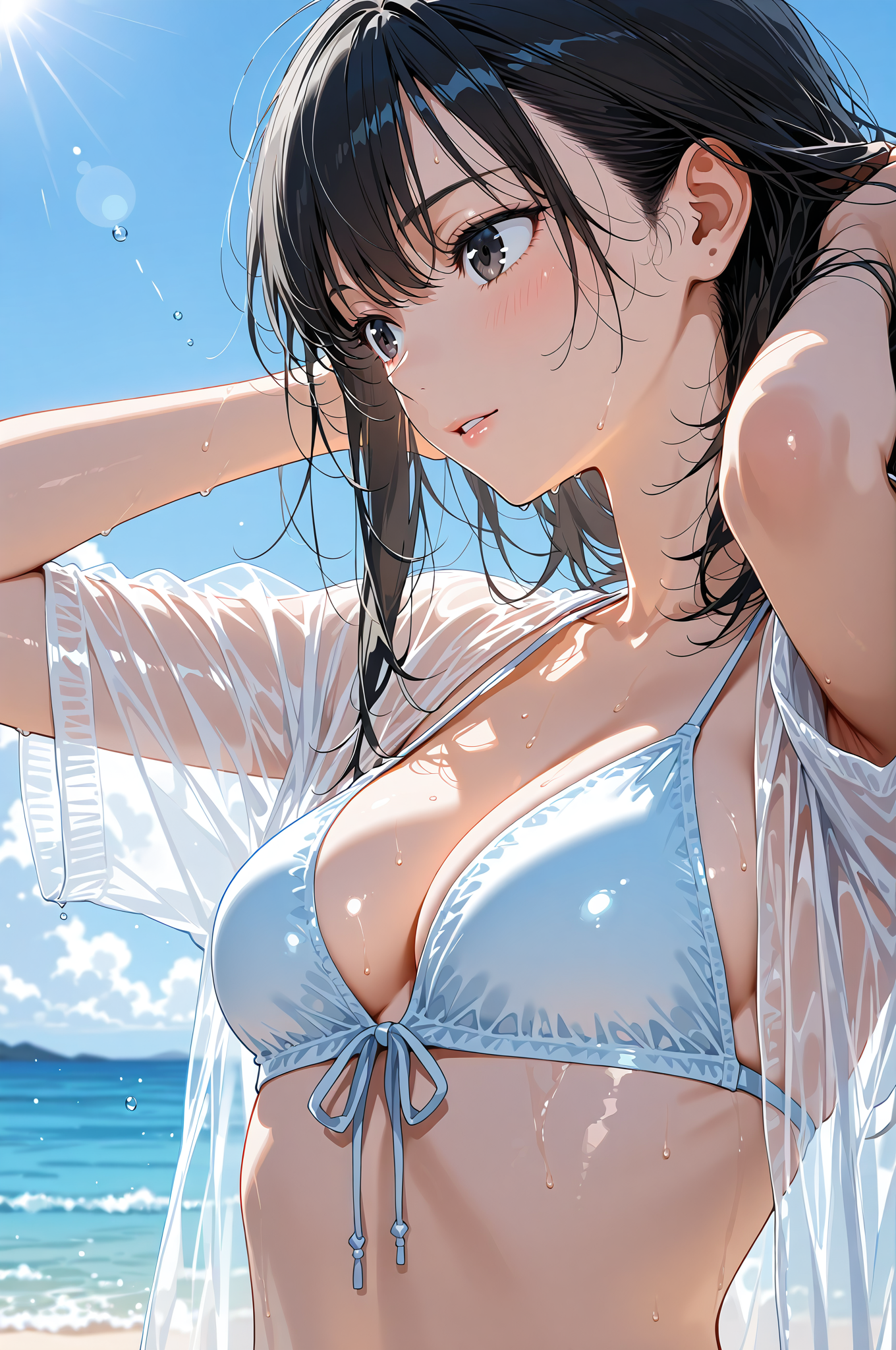 夏の海辺で微笑む黒髪の美少女ポートレート #美少女 #アニメ調 #笑顔
