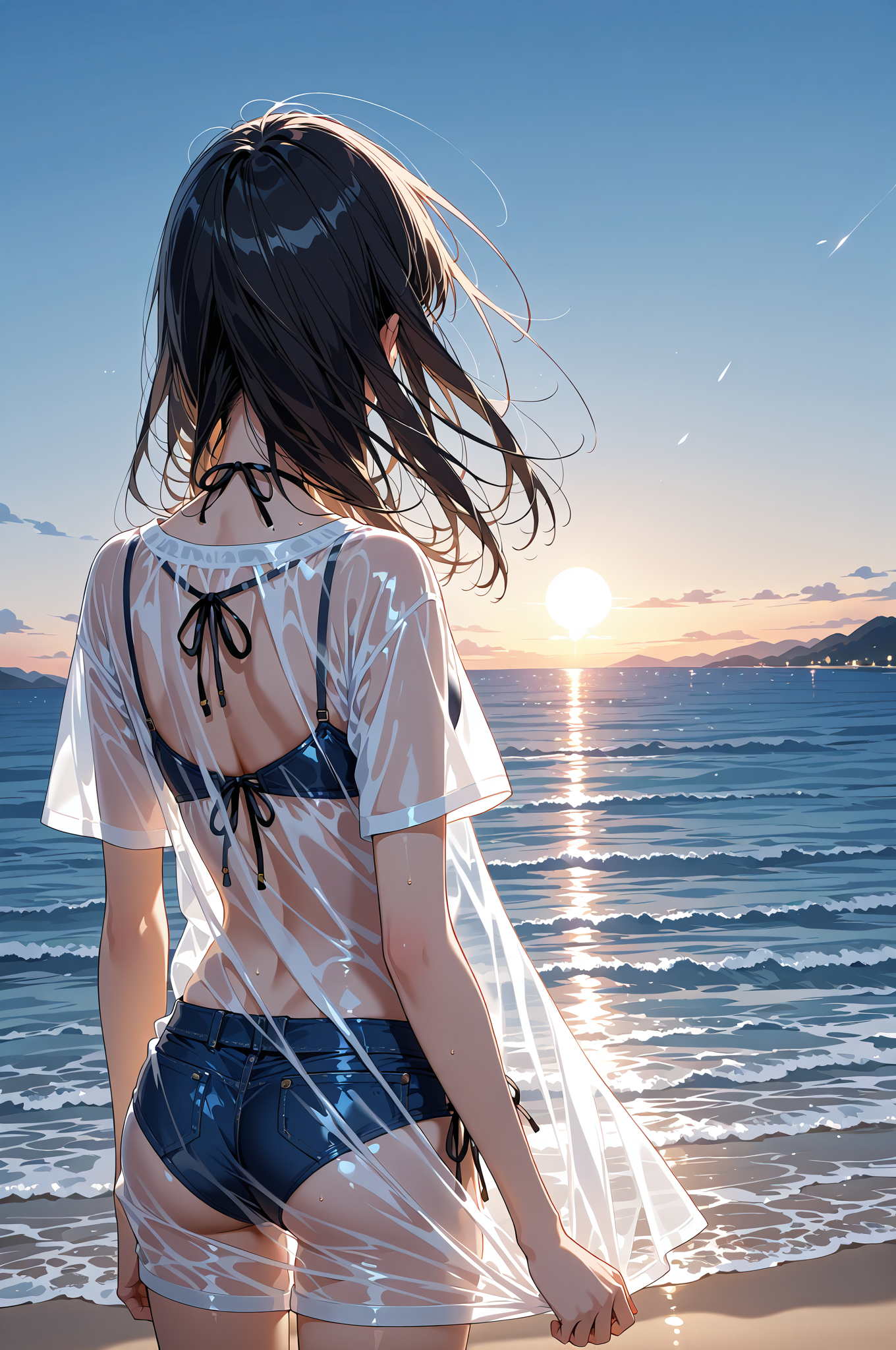 夕焼けビーチでたなびく黒髪 #美少女 #屋外 #空