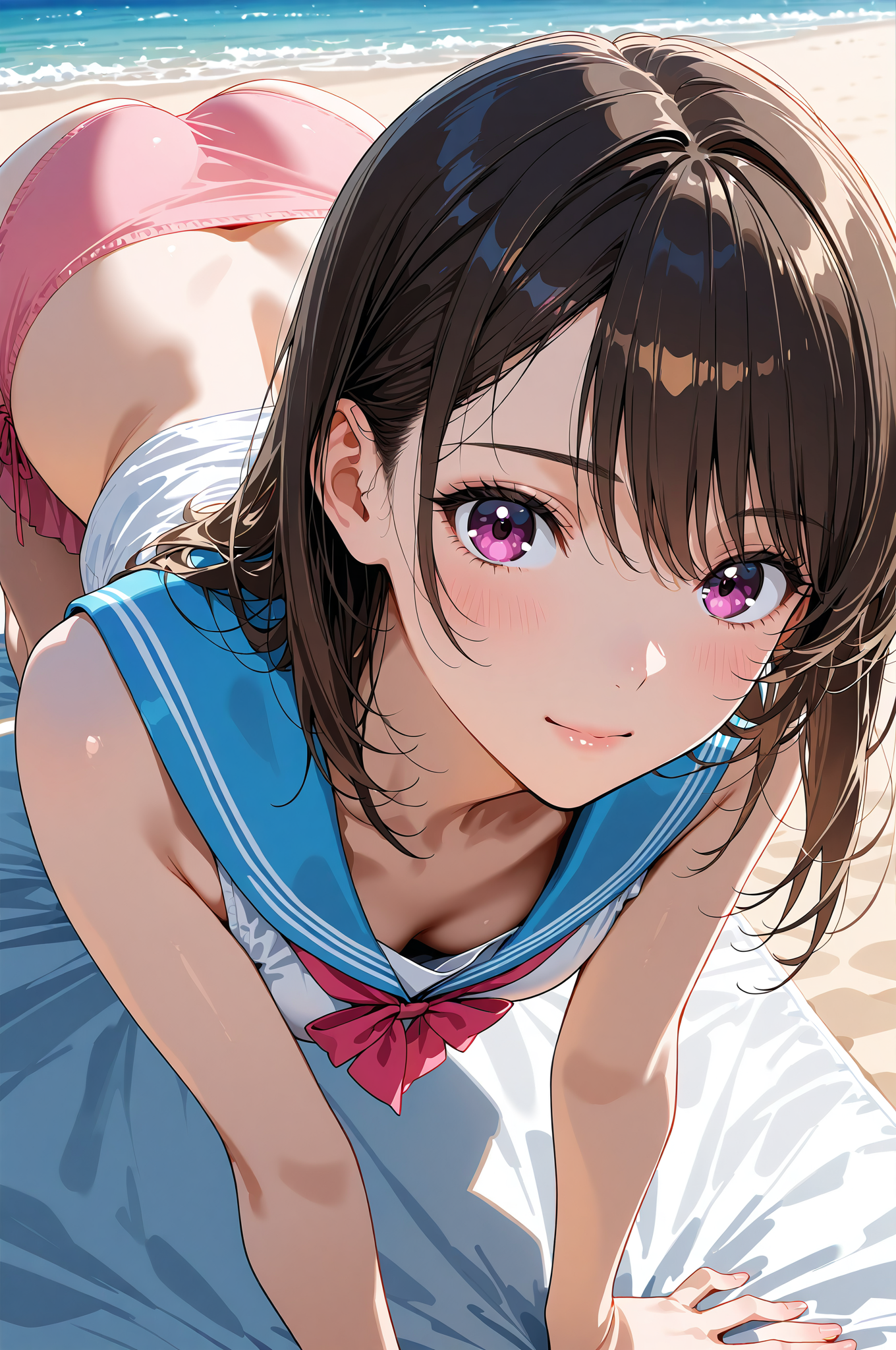 ビーチでのポートレート、紫色の瞳が印象的な少女 #美少女 #アニメ調 #かわいい