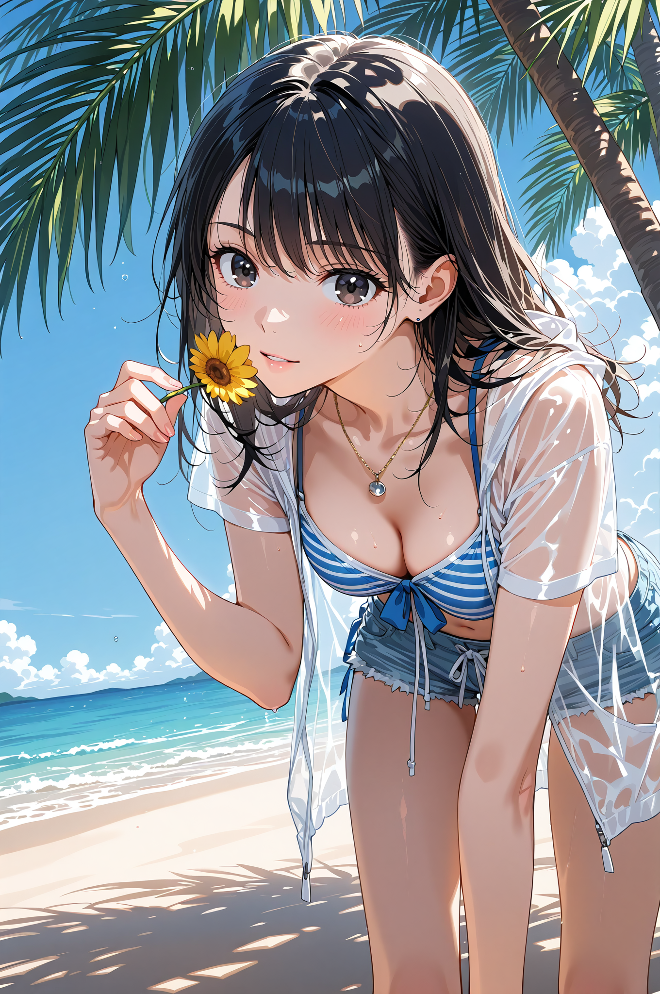 ビーチで向日葵を手にした黒髪の少女 #美少女 #屋外 #笑顔