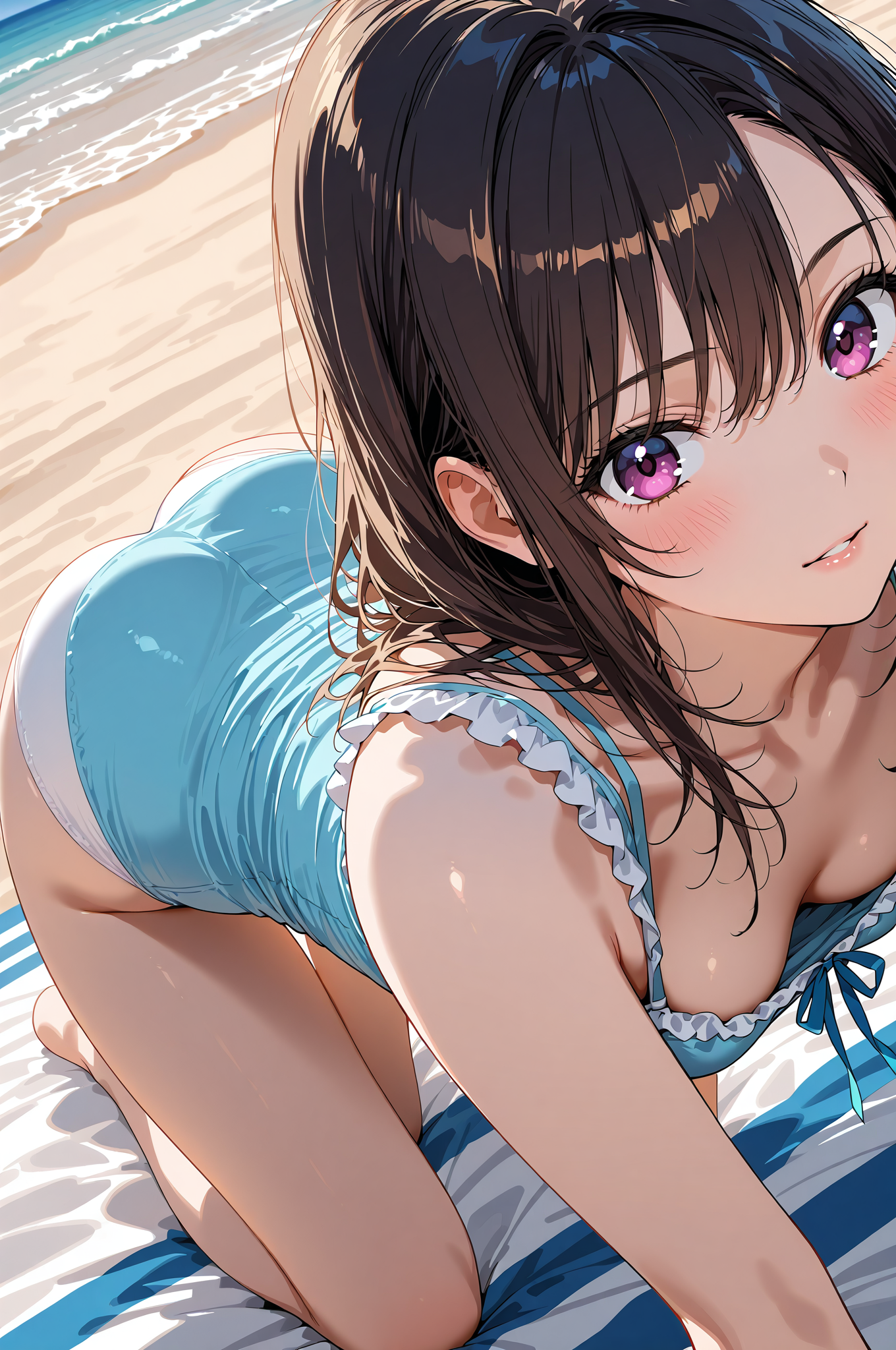 ビーチで笑顔のショートヘア美少女アニメイラスト #アニメ #美少女 #かわいい