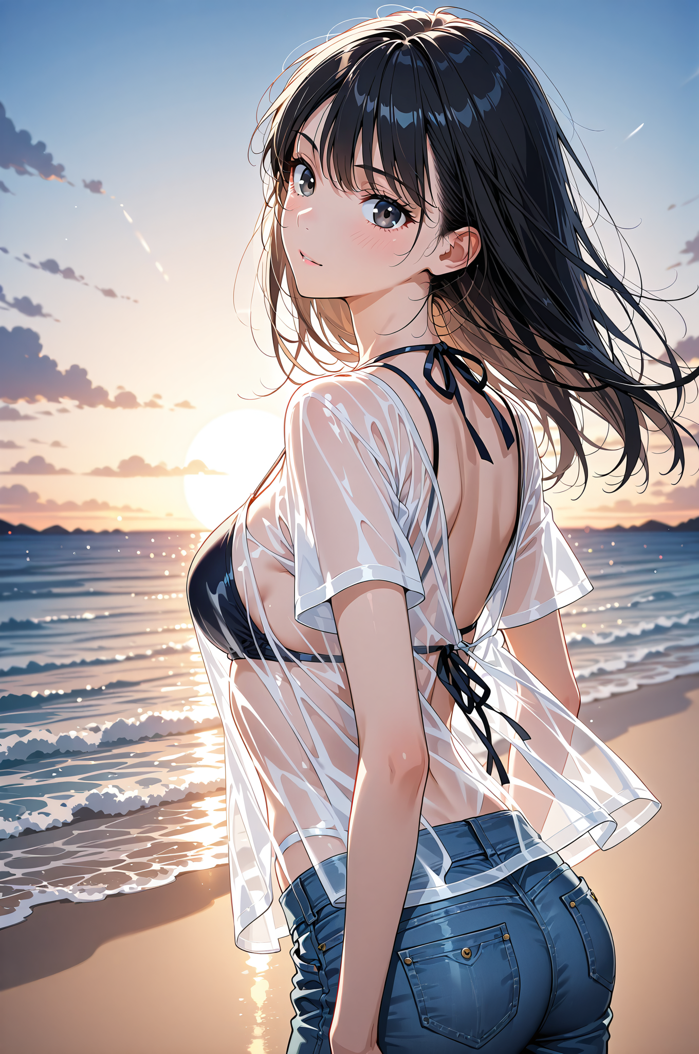 夕焼け海辺のポートレート #美少女 #アニメ調 #屋外