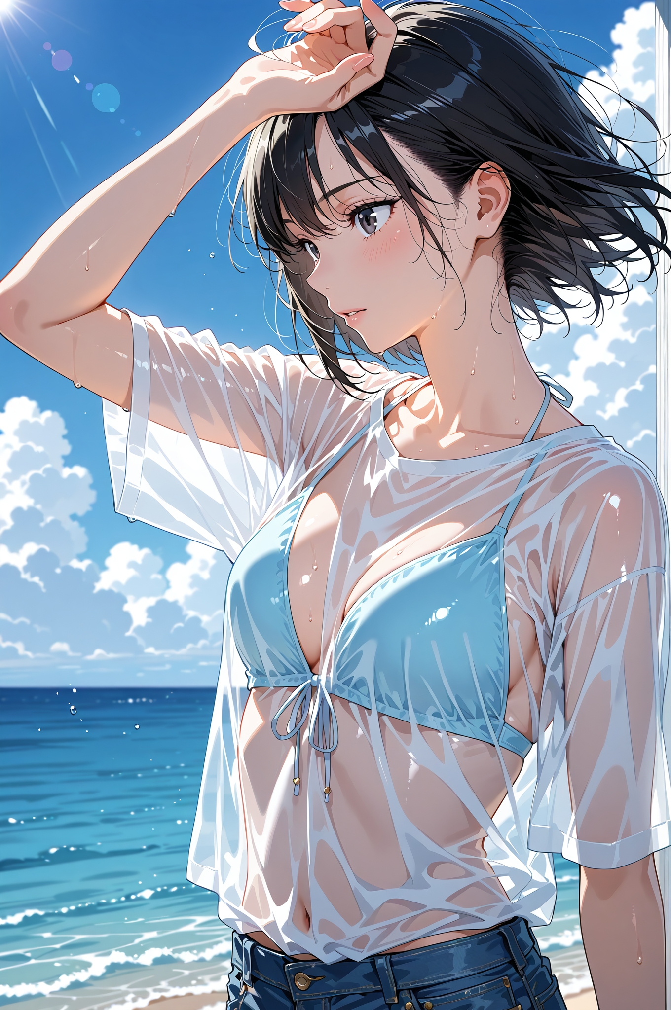 青い海と白いシャツの夏ポートレート #美少女 #アニメ調 #屋外