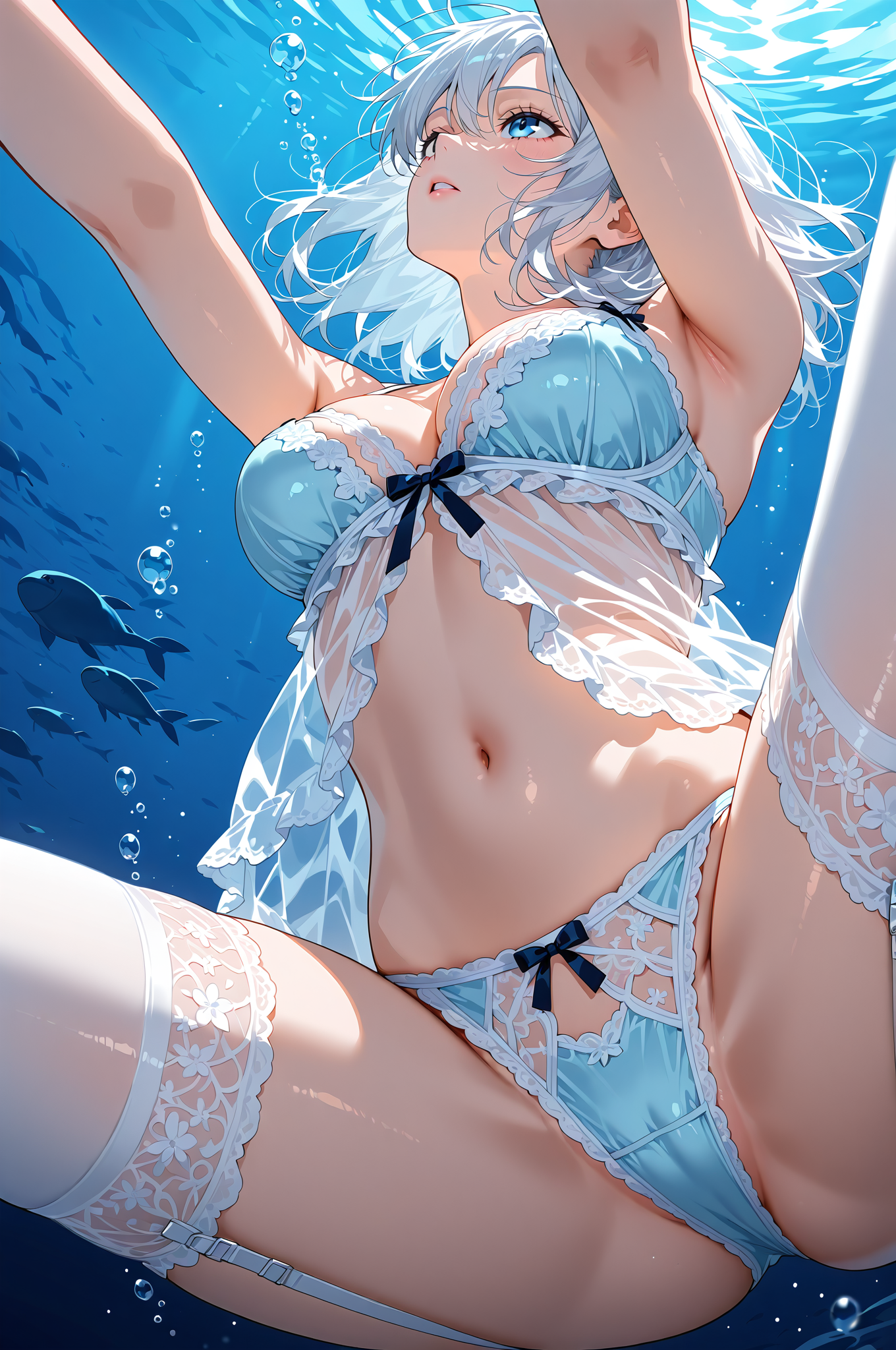 水中で上を見つめる銀髪の少女 #水着 #美少女 #夏