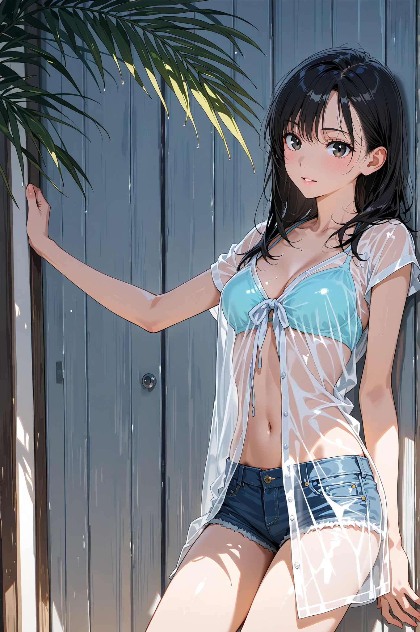 青い壁と観葉植物に囲まれた笑顔のポートレート #美少女 #アニメ調 #笑顔