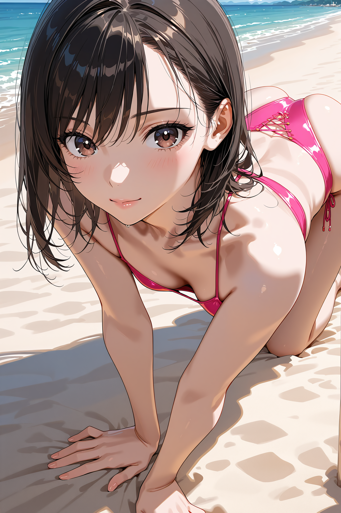 ビーチで微笑む黒髪の美少女 #美少女 #アニメ調 #笑顔