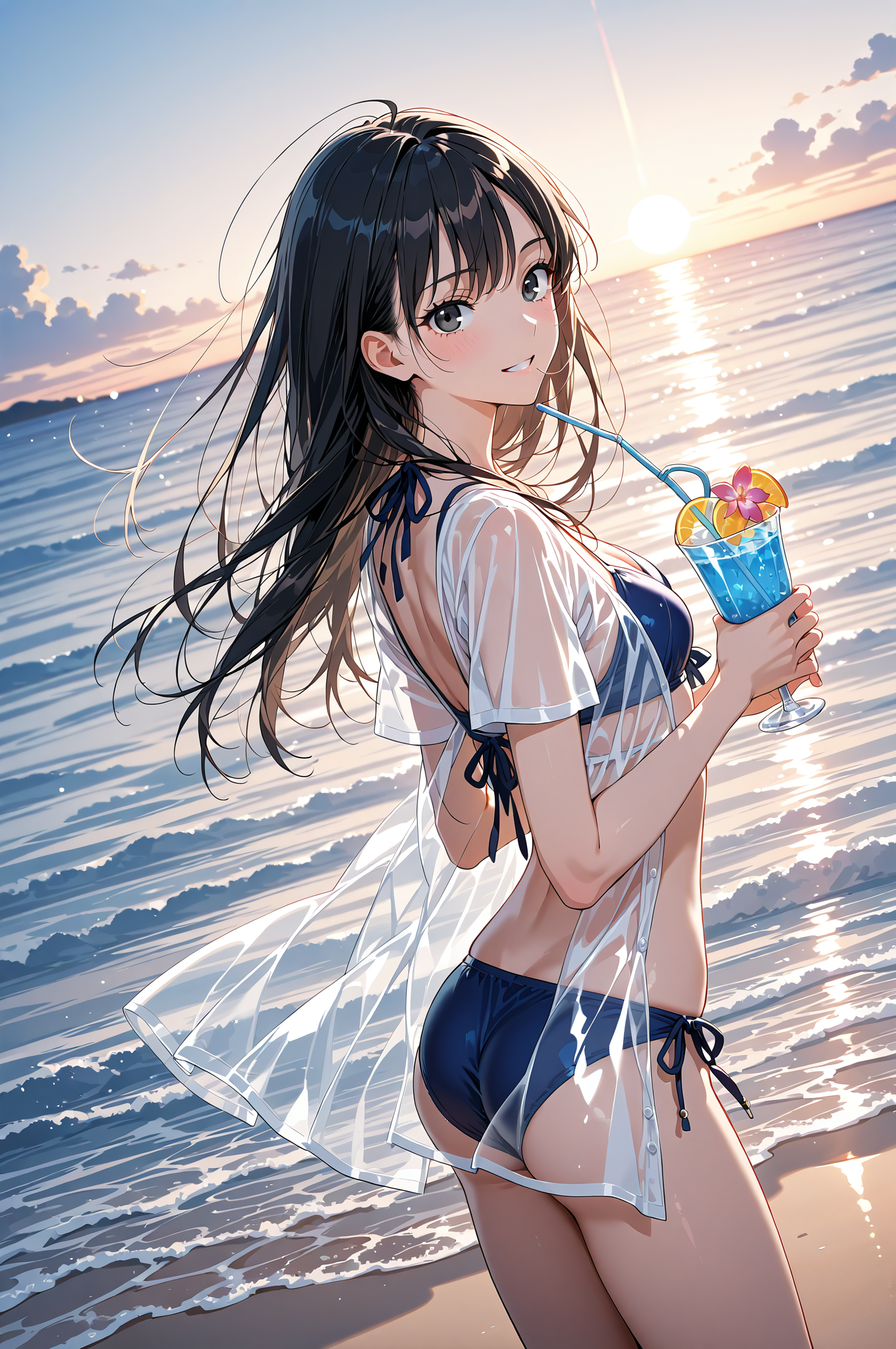 夕焼けビーチのポートレート #美少女 #アニメ #空