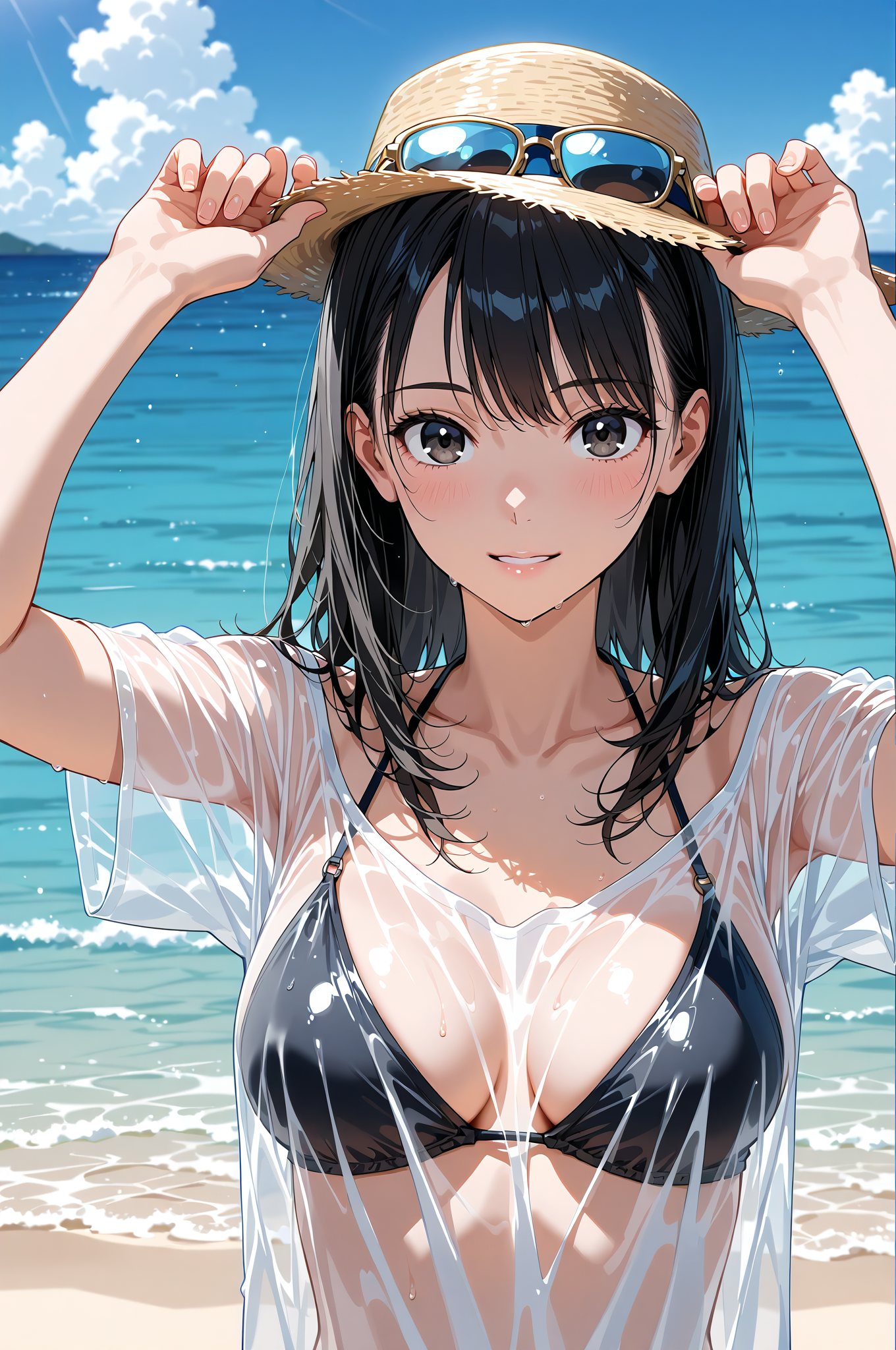 麦わら帽子とサングラスの海辺ポートレート #アニメ調 #美少女 #かわいい