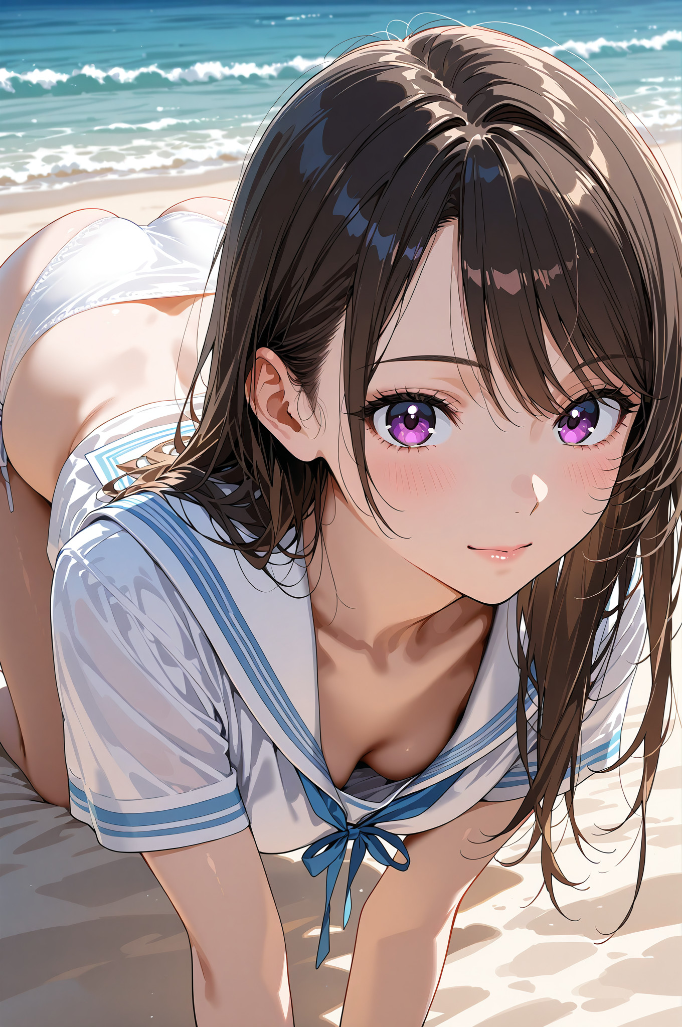 紫の瞳が輝く海辺のポートレート #アニメ調 #美少女 #衣装