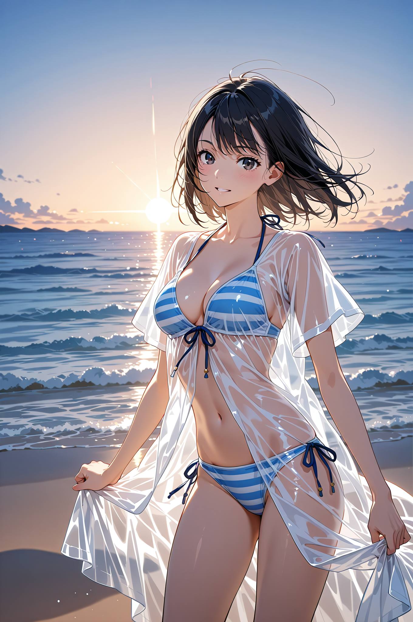 夕焼け海辺のアニメ調ポートレート #美少女 #アニメ #屋外