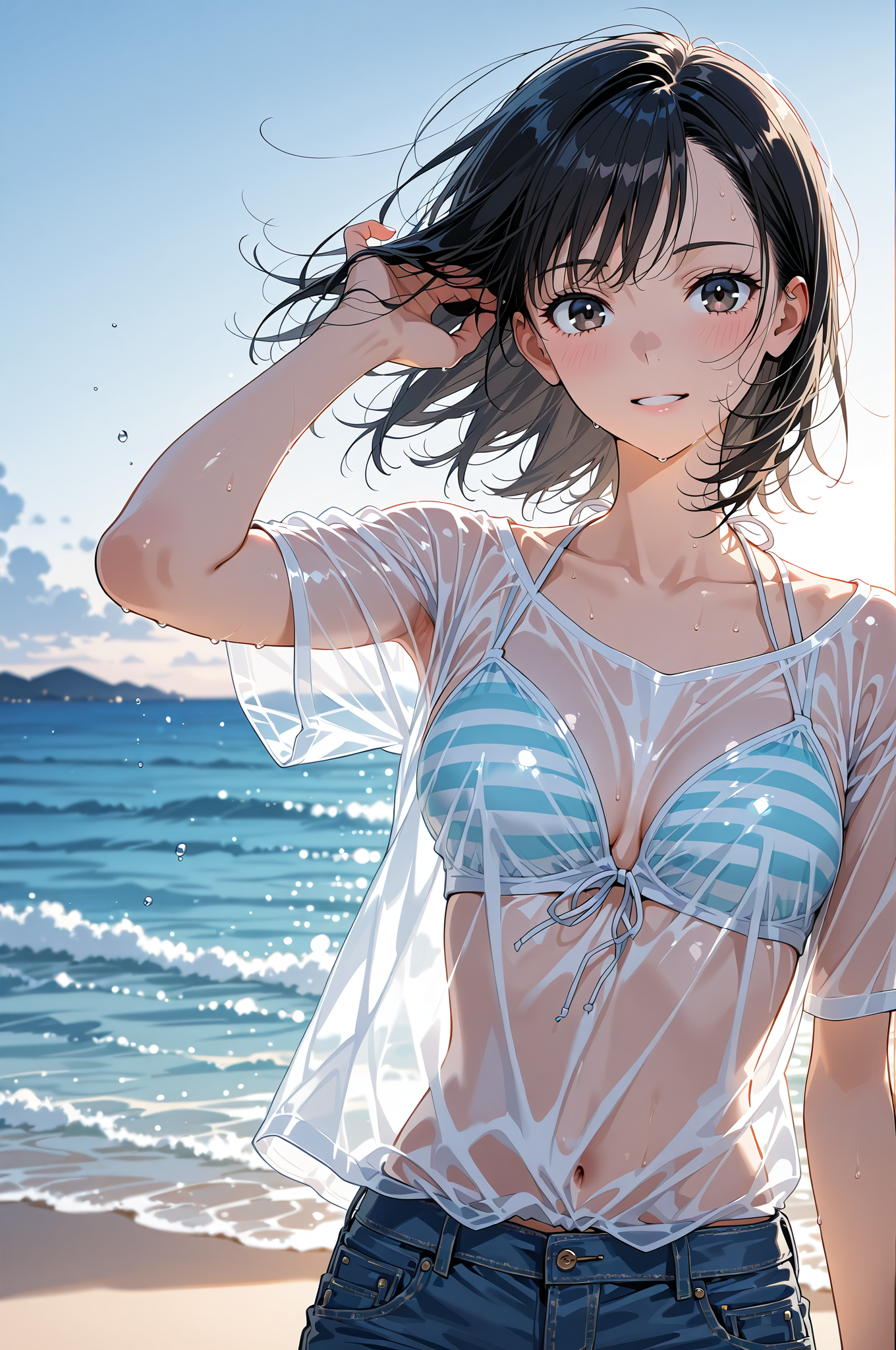 海辺の透け感シャツ、黒髪の微笑み #美少女 #アニメ #空
