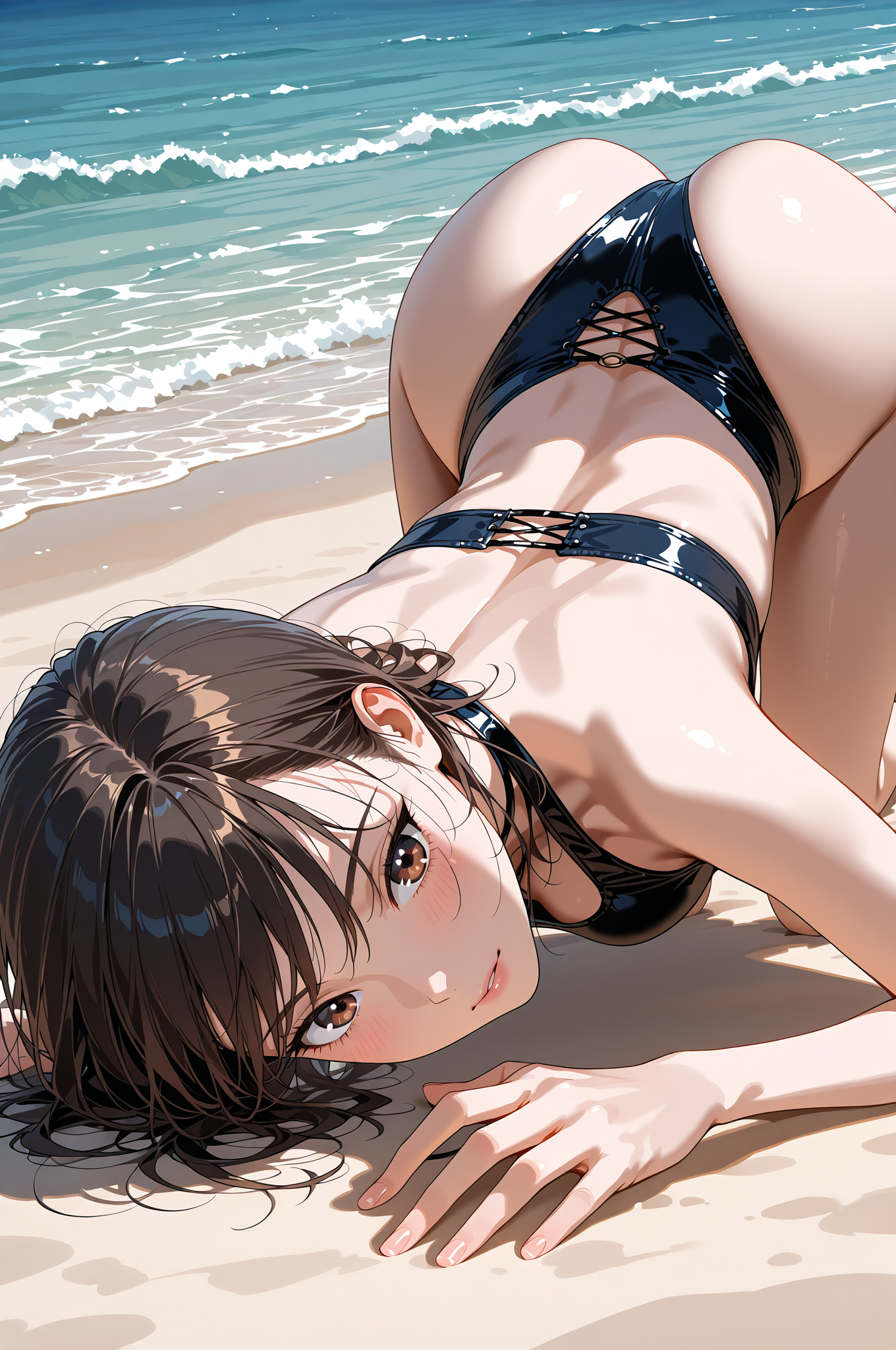 海辺でくつろぐ黒いビキニの少女 #水着 #ビキニ #海