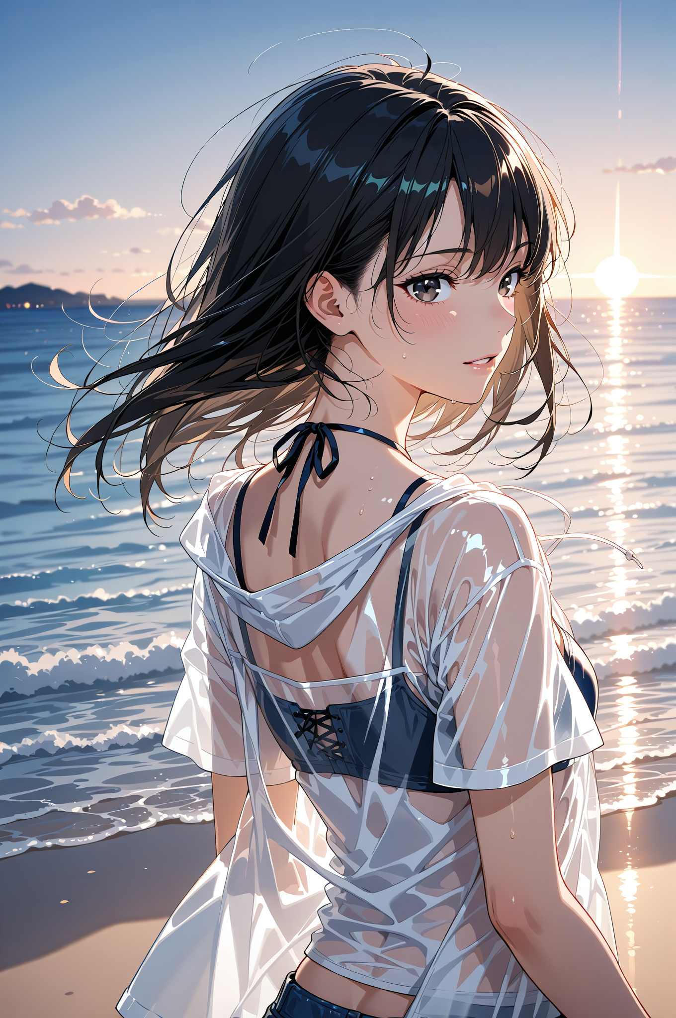 海辺の逆光ポートレート、黒髪の美少女 #アニメ #美少女 #笑顔