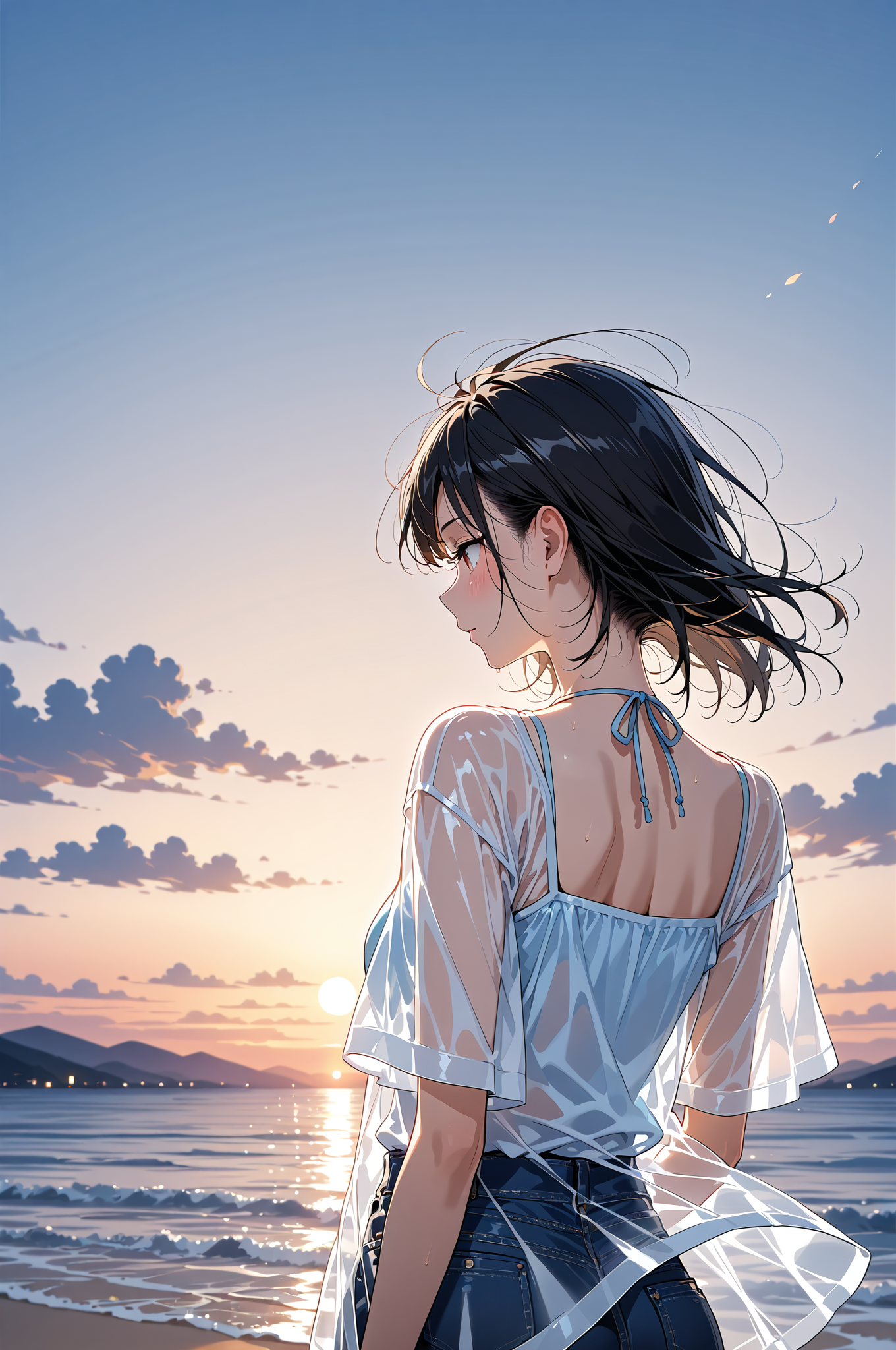 夕焼けビーチの透け感ファッション #美少女 #アニメ調 #屋外