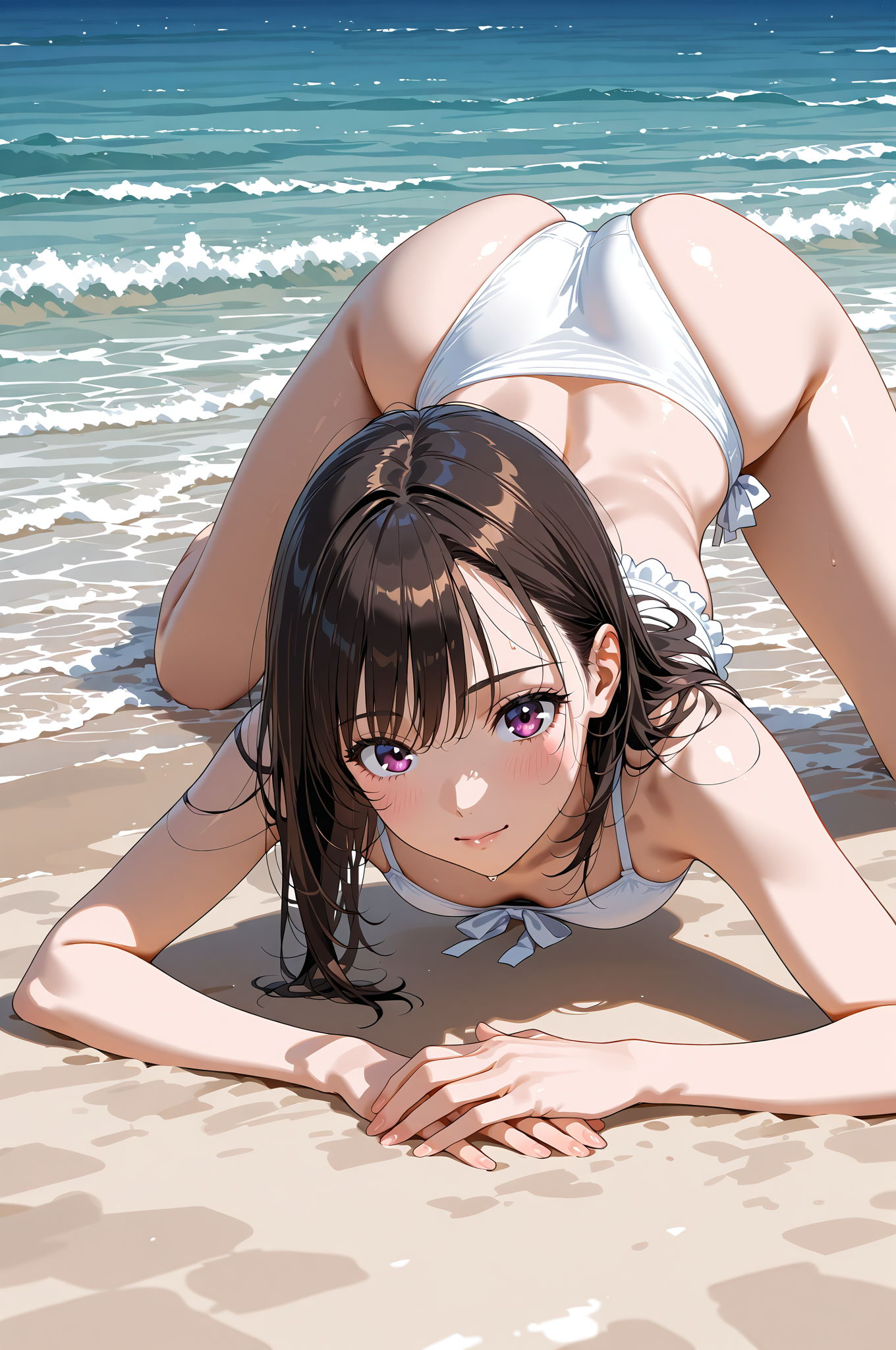 白い水着でビーチに佇む黒髪の美少女 #美少女 #水着 #屋外