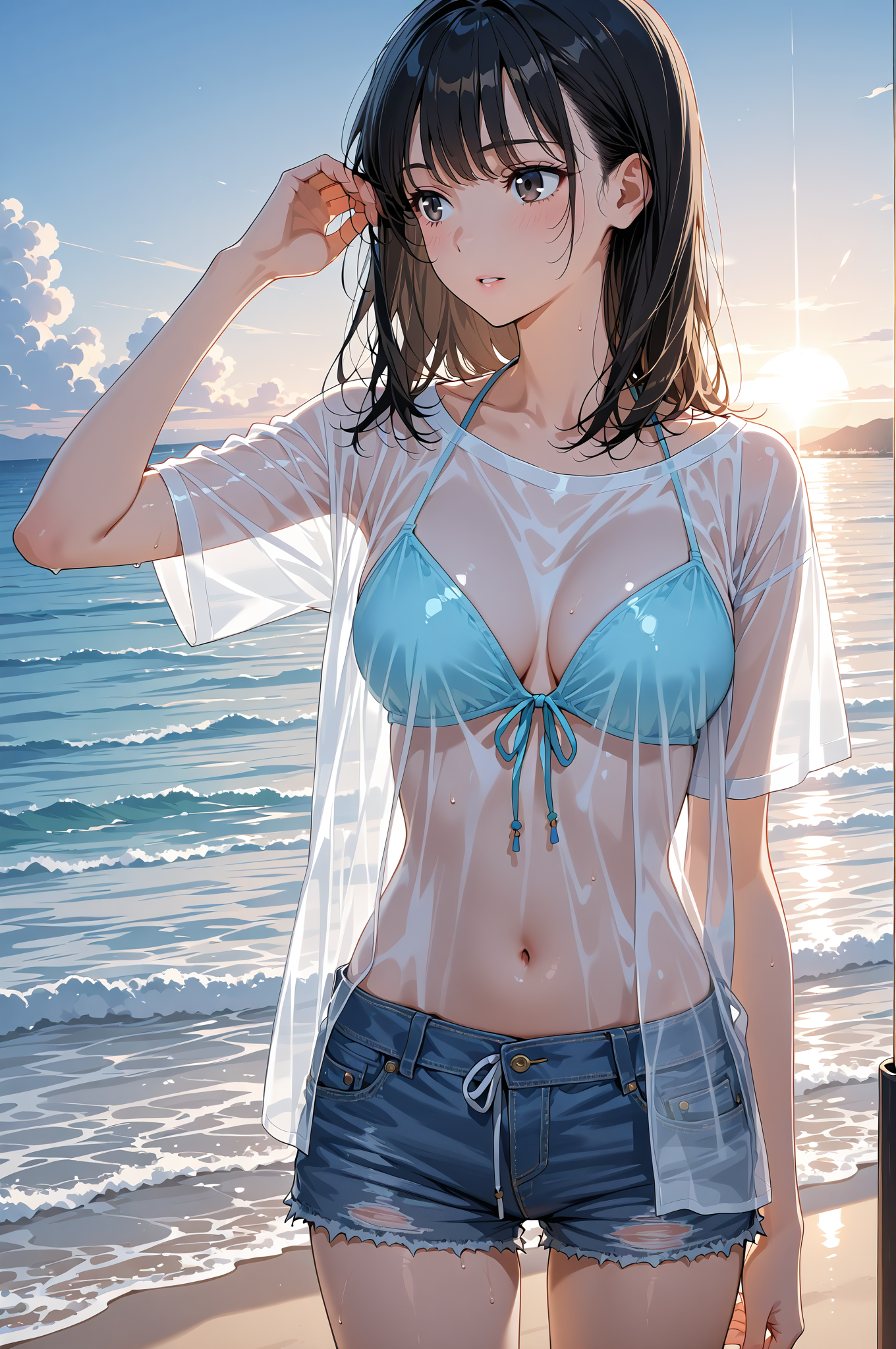 海辺の午後、黒髪の少女ポートレート #美少女 #アニメ調 #笑顔