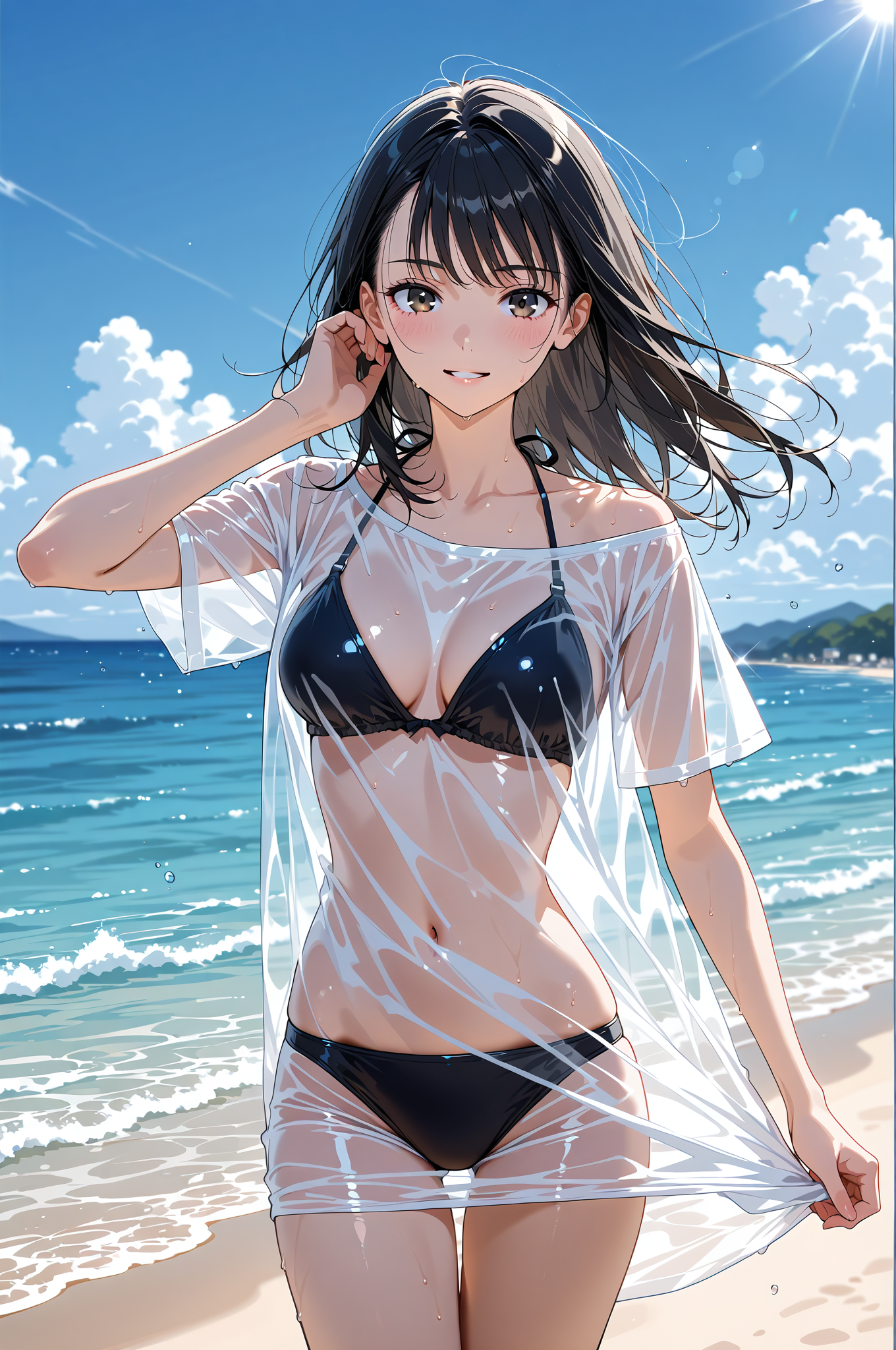 青い海と空の下、爽やかな笑顔のアニメ調ポートレート #美少女 #アニメ調 #屋外