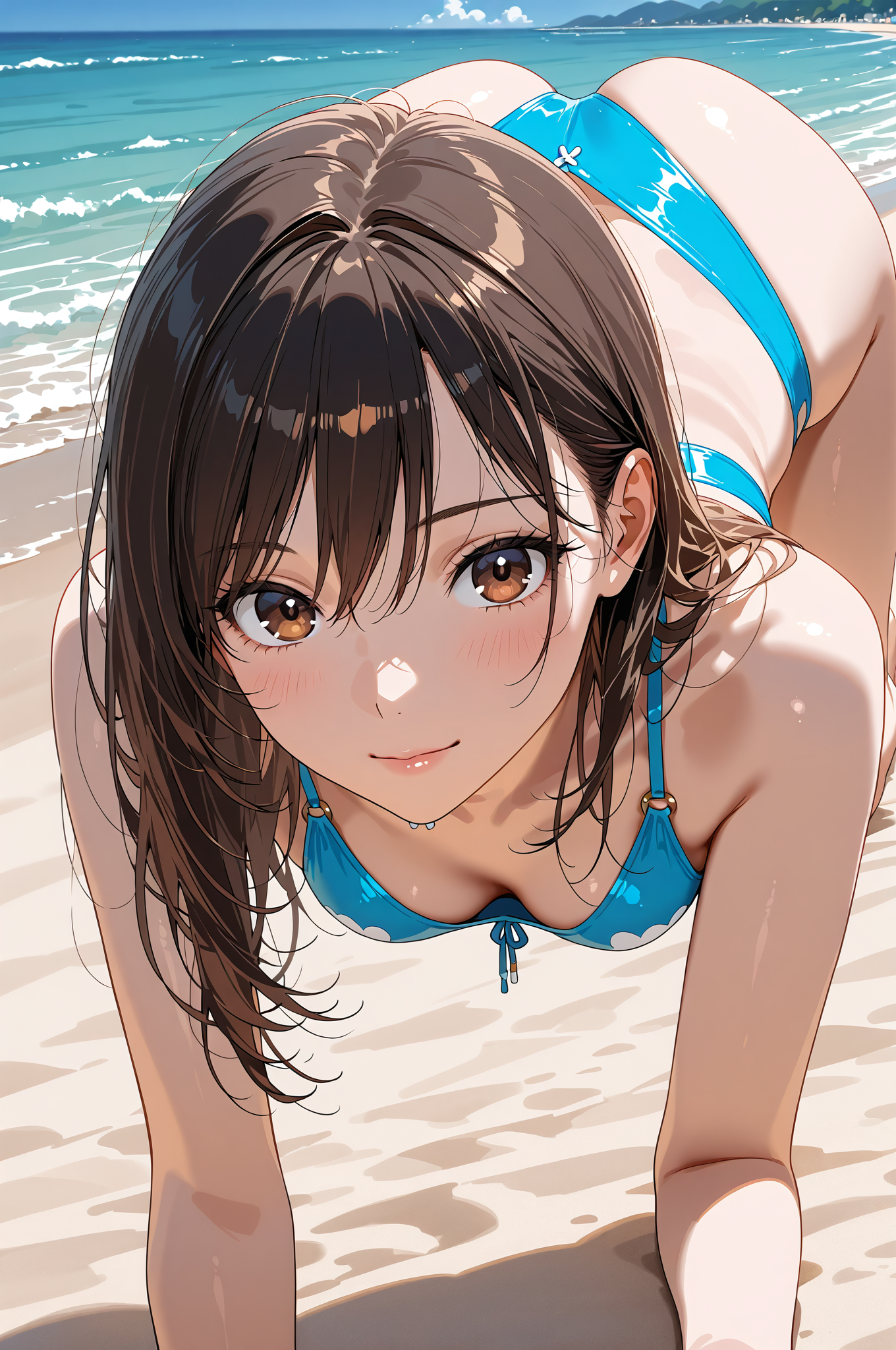 海辺で微笑む茶髪の少女 #美少女 #アニメ調 #笑顔
