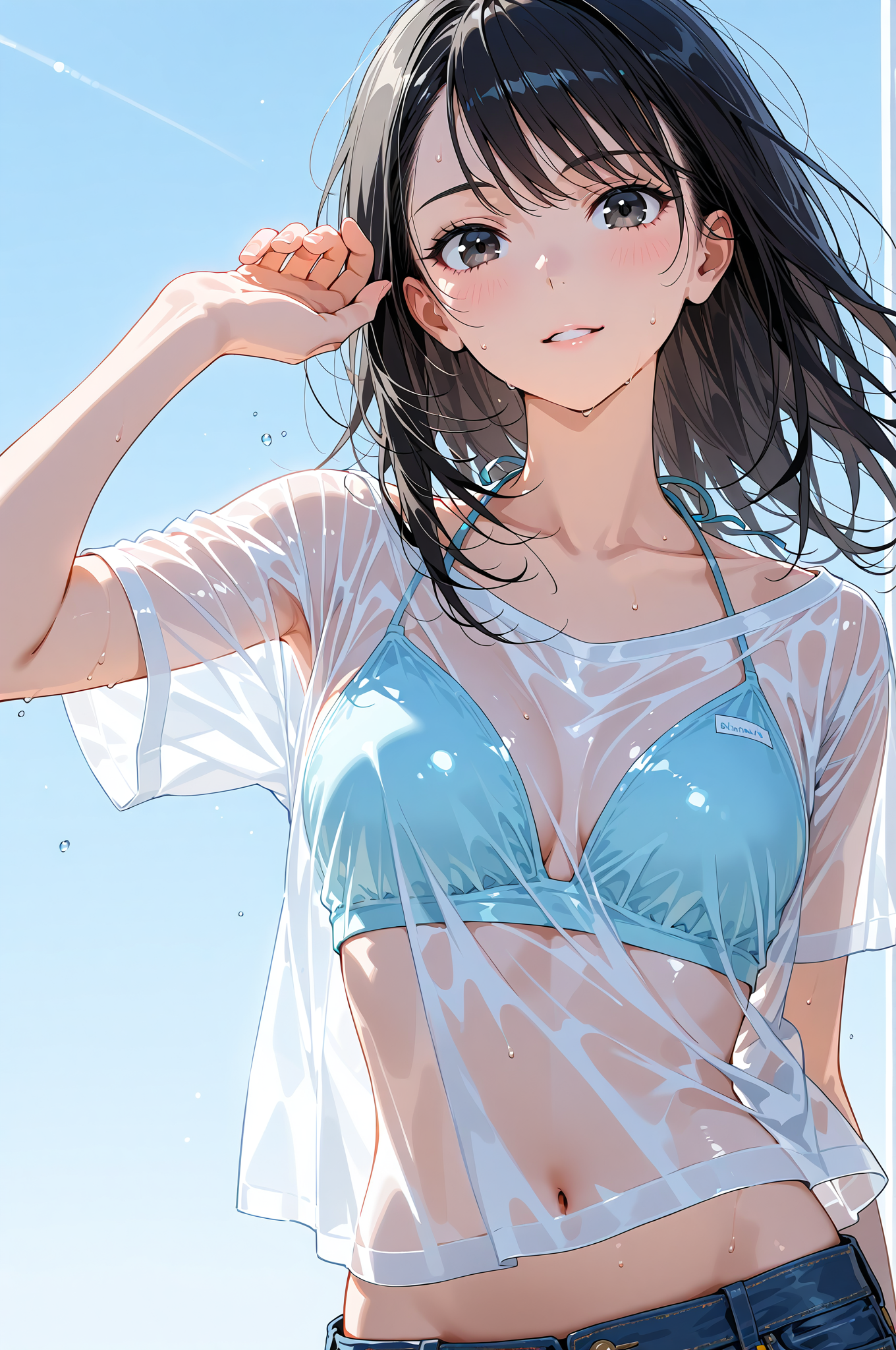 青い水着とシアーシャツの夏ポートレート #美少女 #アニメ調 #笑顔