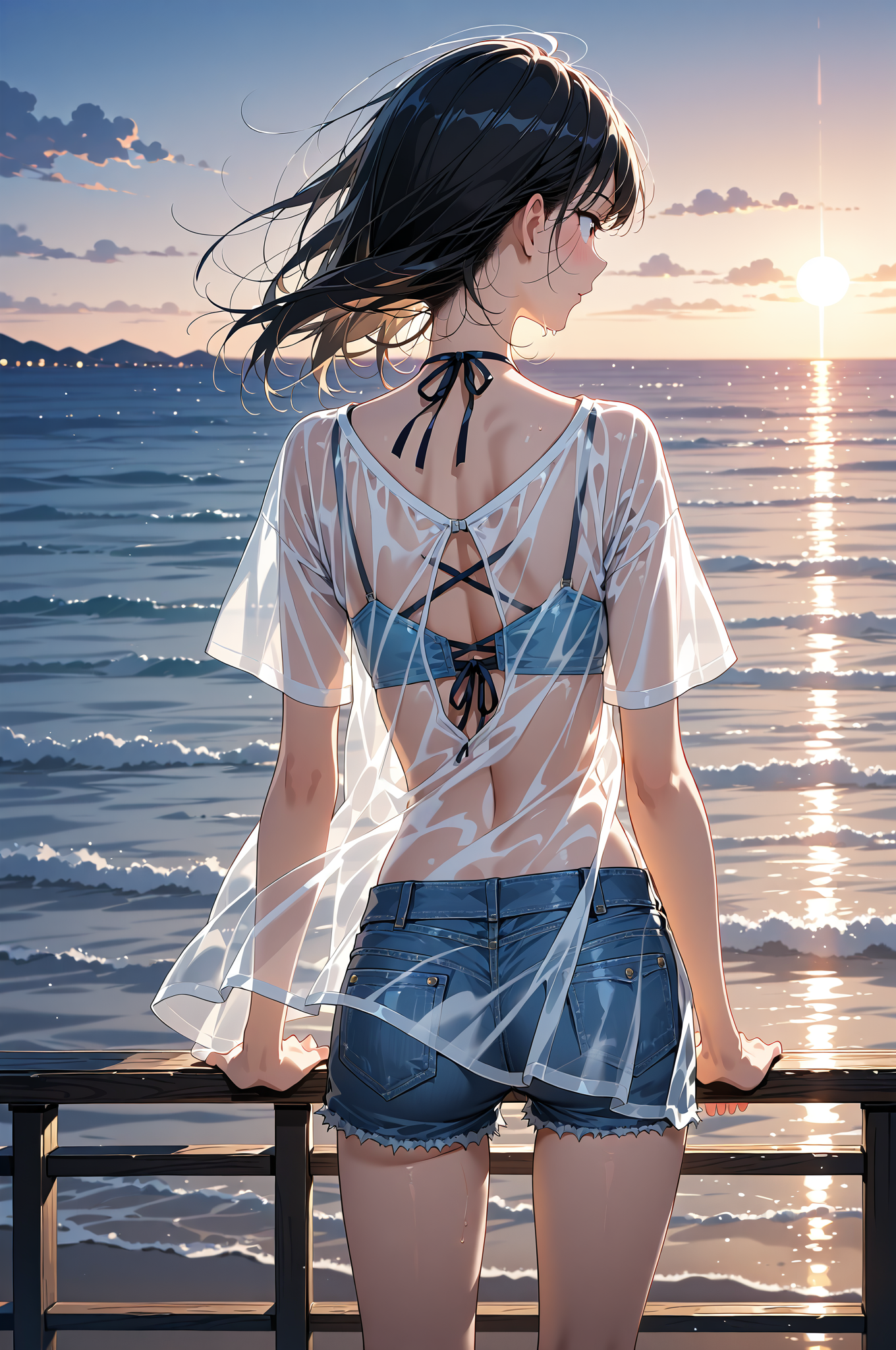 夕焼けビーチでの後ろ姿ポートレート #美少女 #屋外 #アニメ