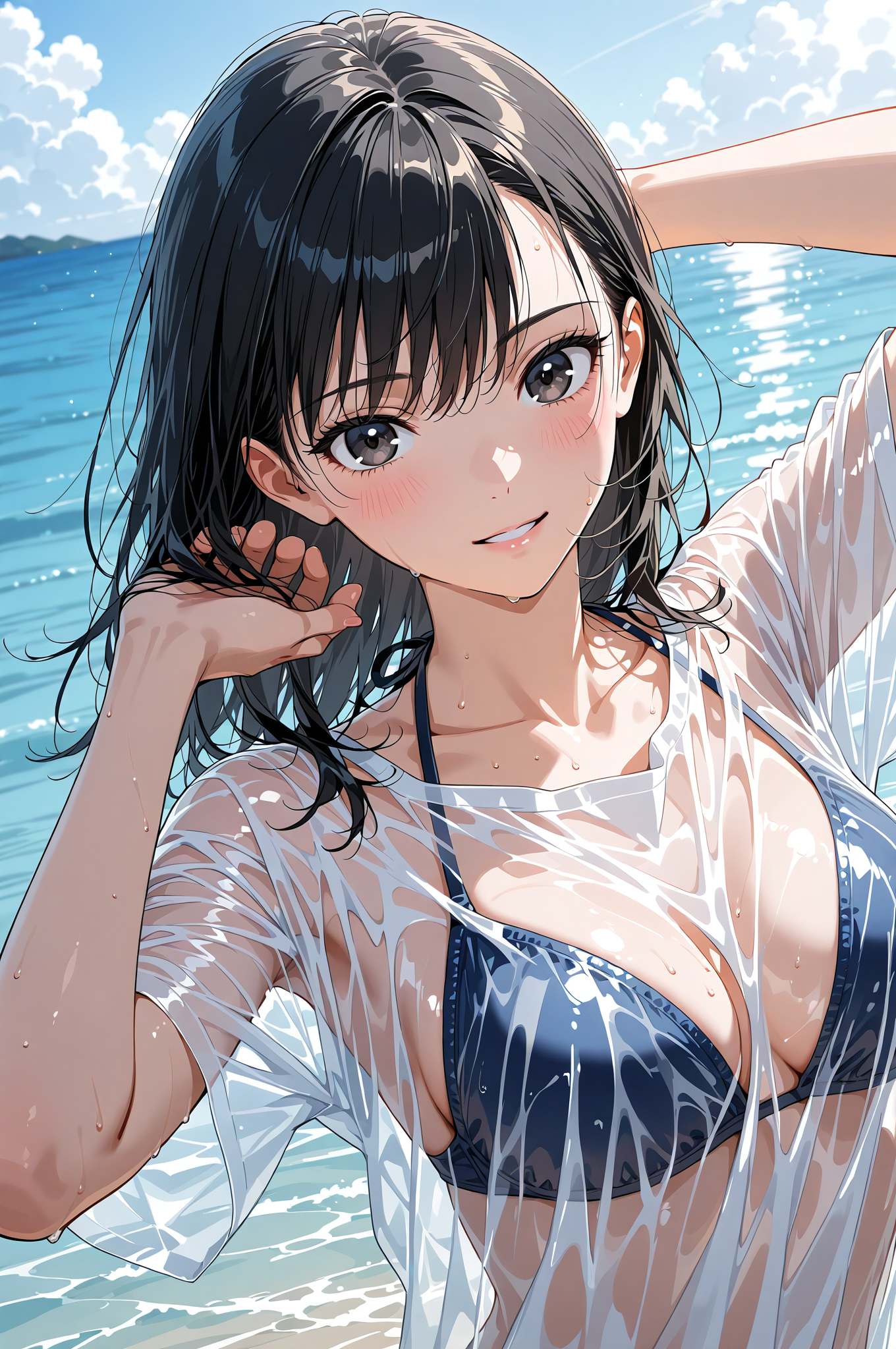 海辺で微笑む黒髪少女のポートレート #美少女 #アニメ調 #笑顔