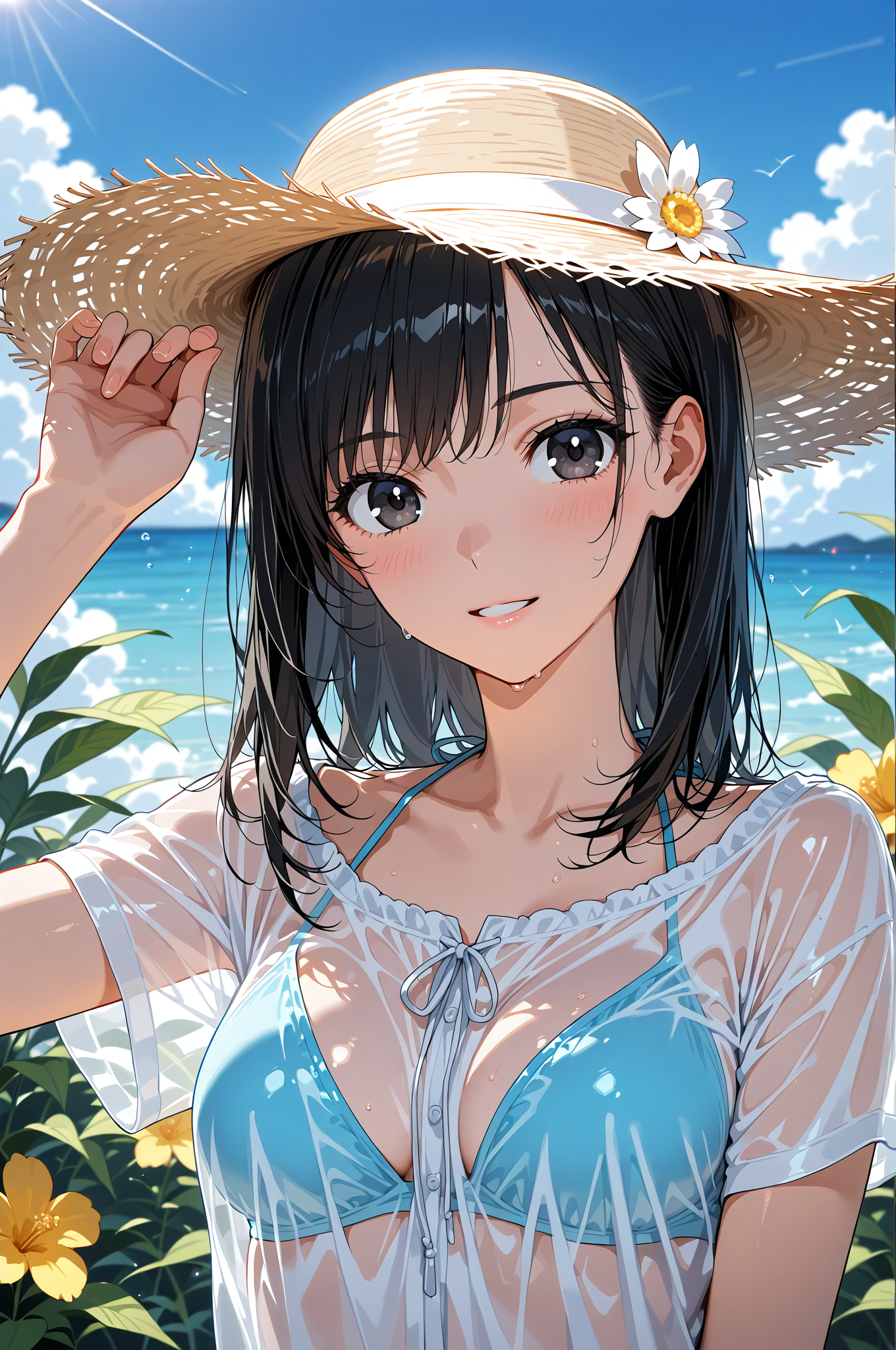 麦わら帽子の黒髪美少女、海辺の夏ポートレート #アニメ #帽子 #ファッション
