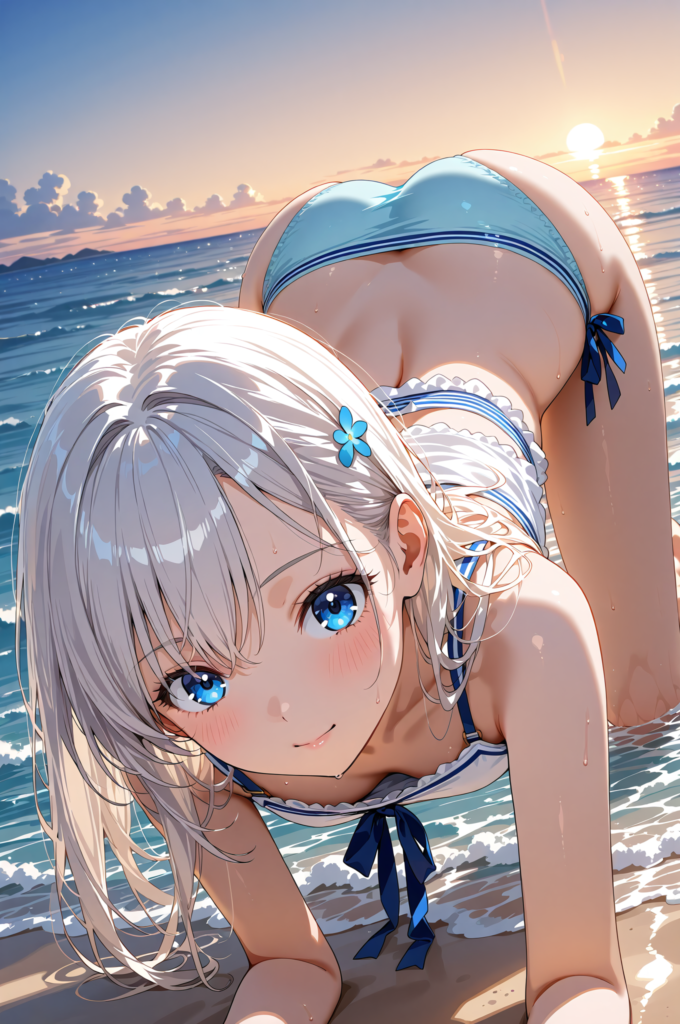 海辺の夕焼けポートレート、白髪の美少女 #美少女 #アニメ調 #かわいい