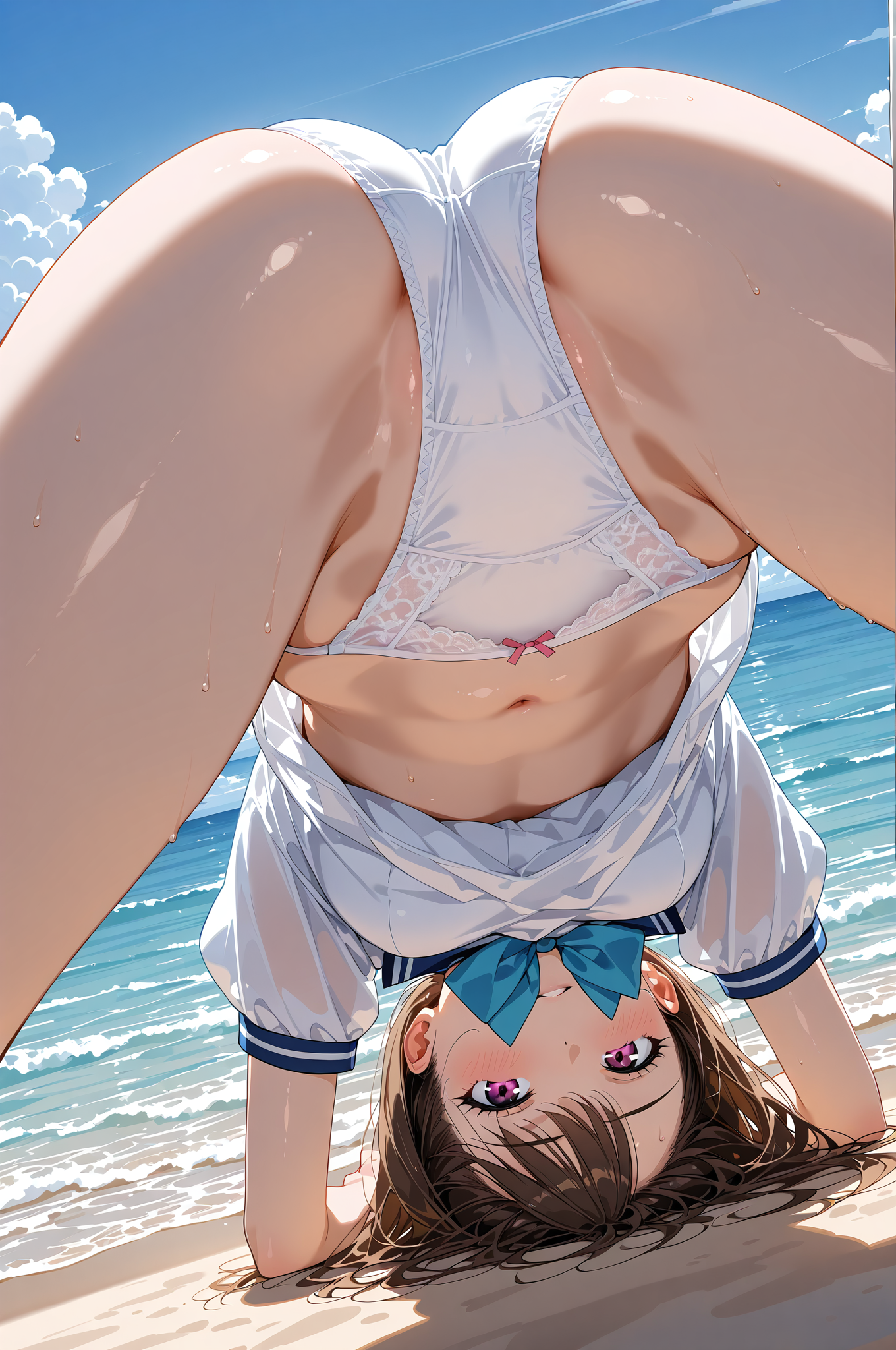 浜辺で逆立ちする元気な美少女 #屋外 #美少女 #笑顔