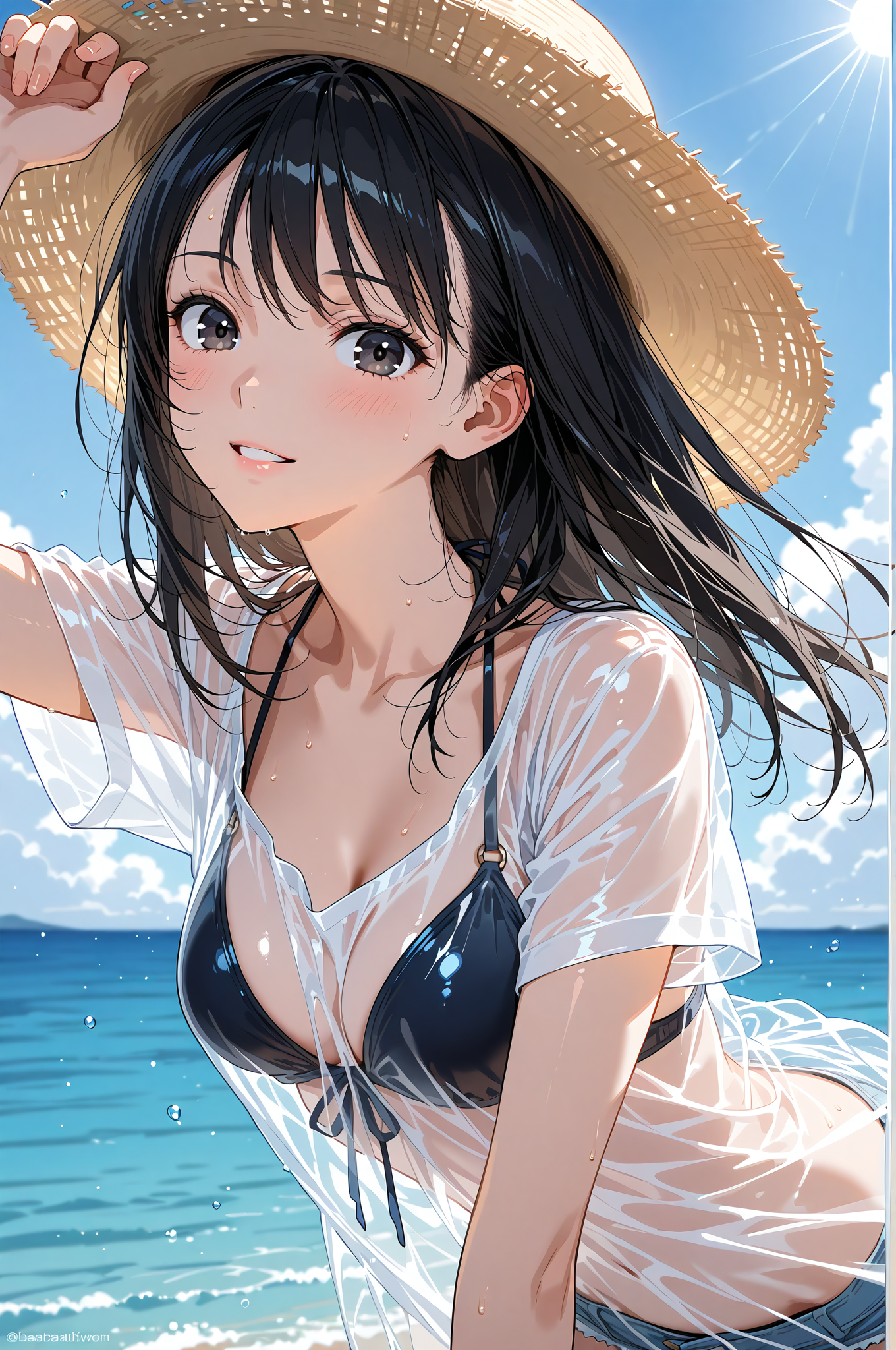 麦わら帽子をかぶった黒髪の少女と青い海 #美少女 #アニメ #ファッション