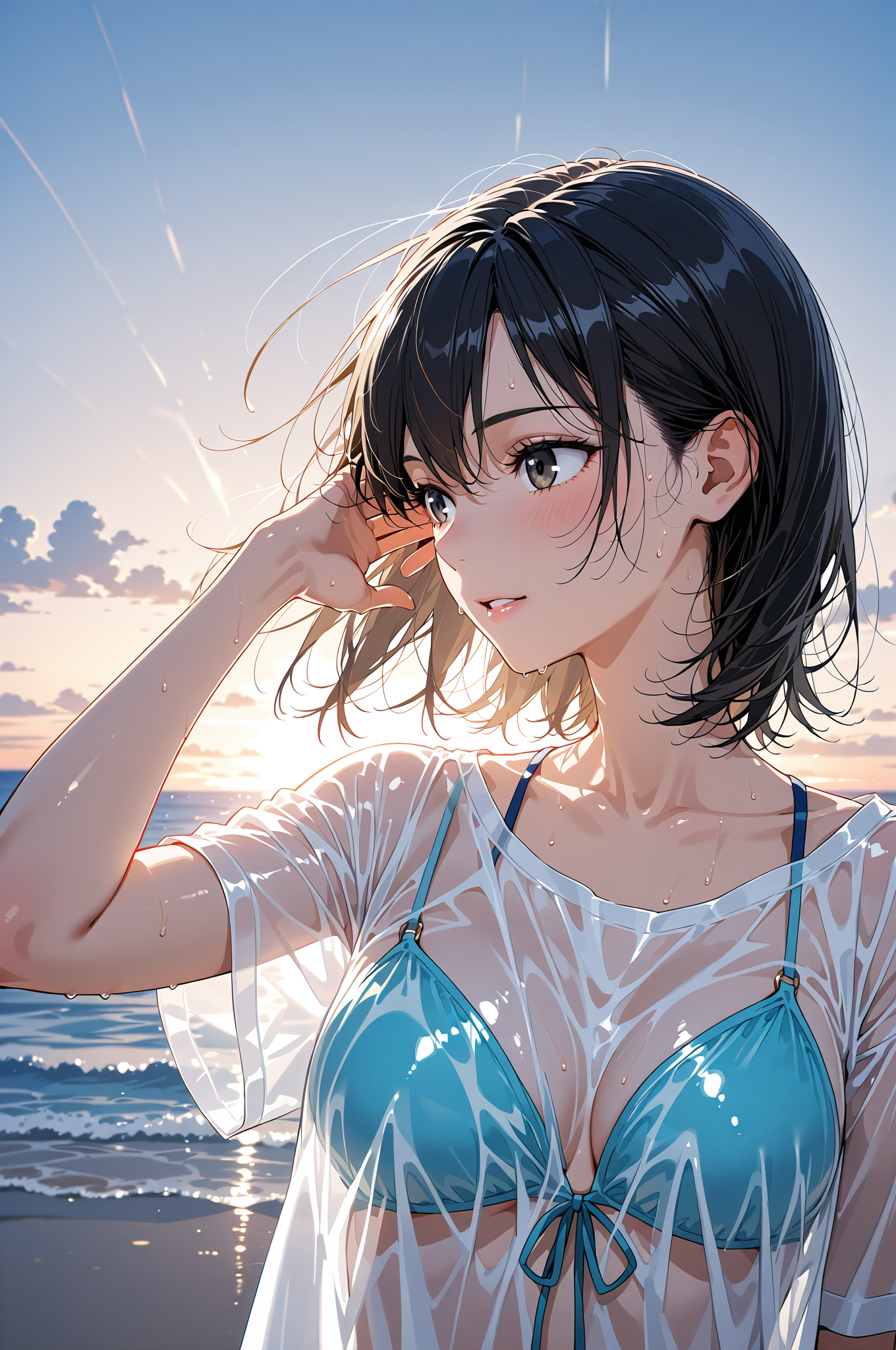 海辺で微笑む黒髪の少女、午後の光に包まれて #美少女 #アニメ調 #屋外