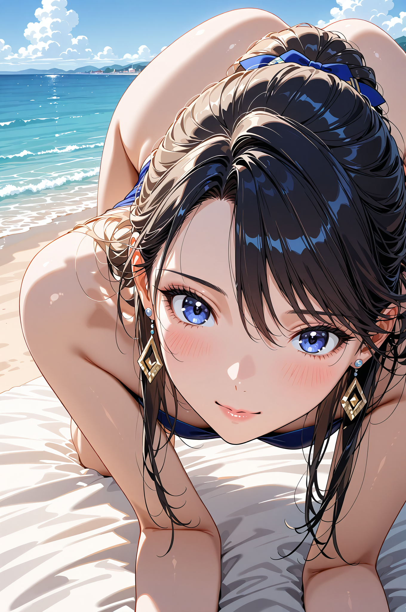 ビーチの浜辺でポートレート、青い瞳と黒髪 #美少女 #アニメ #かわいい