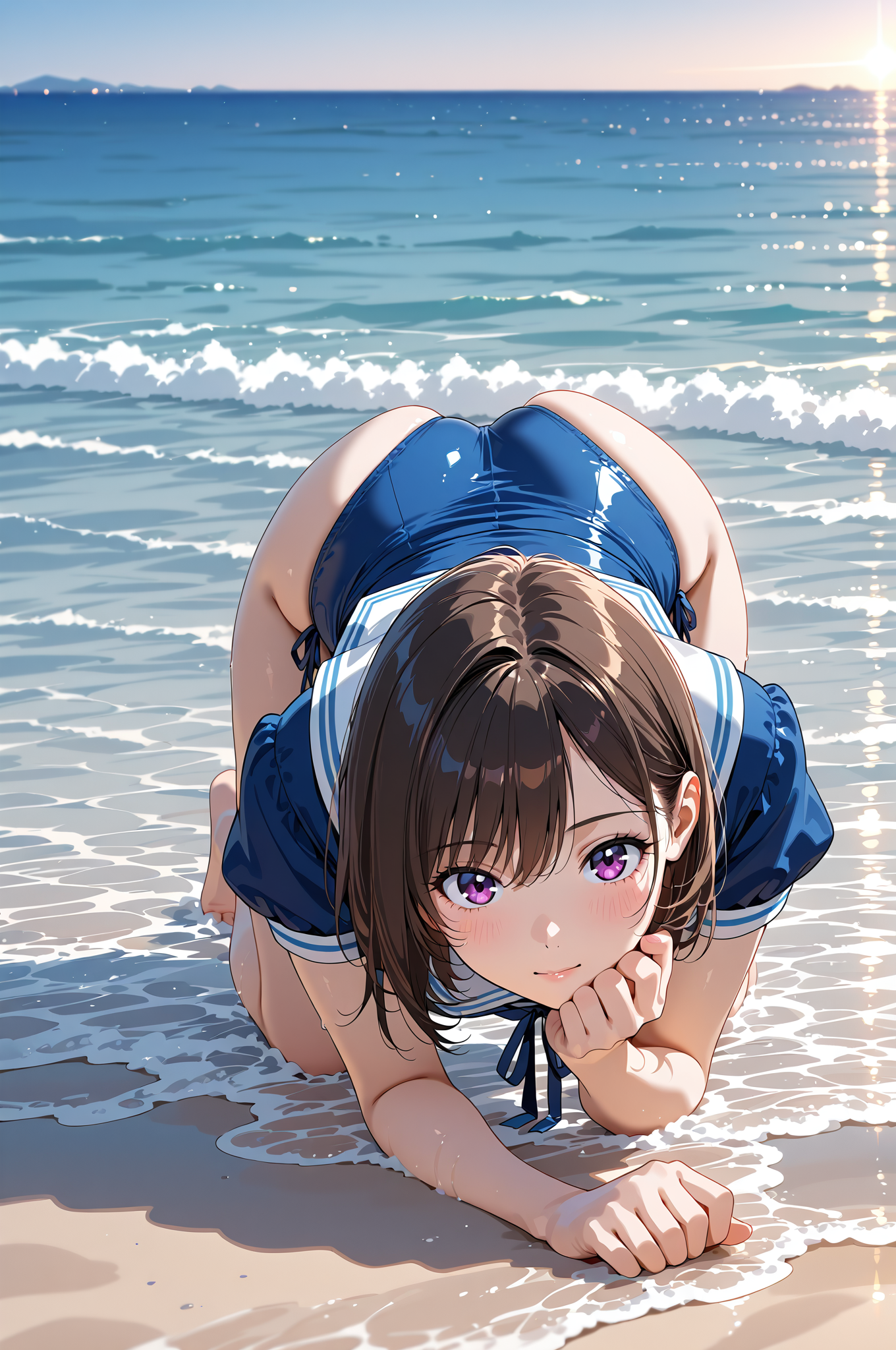 海辺で微笑む、紫紅の瞳の少女 #美少女 #屋外 #水