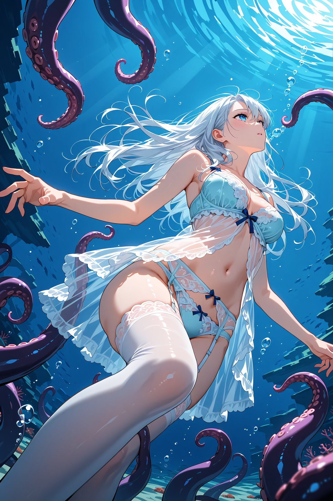 深海の幻想 白髪の少女と触手 #swimming #water