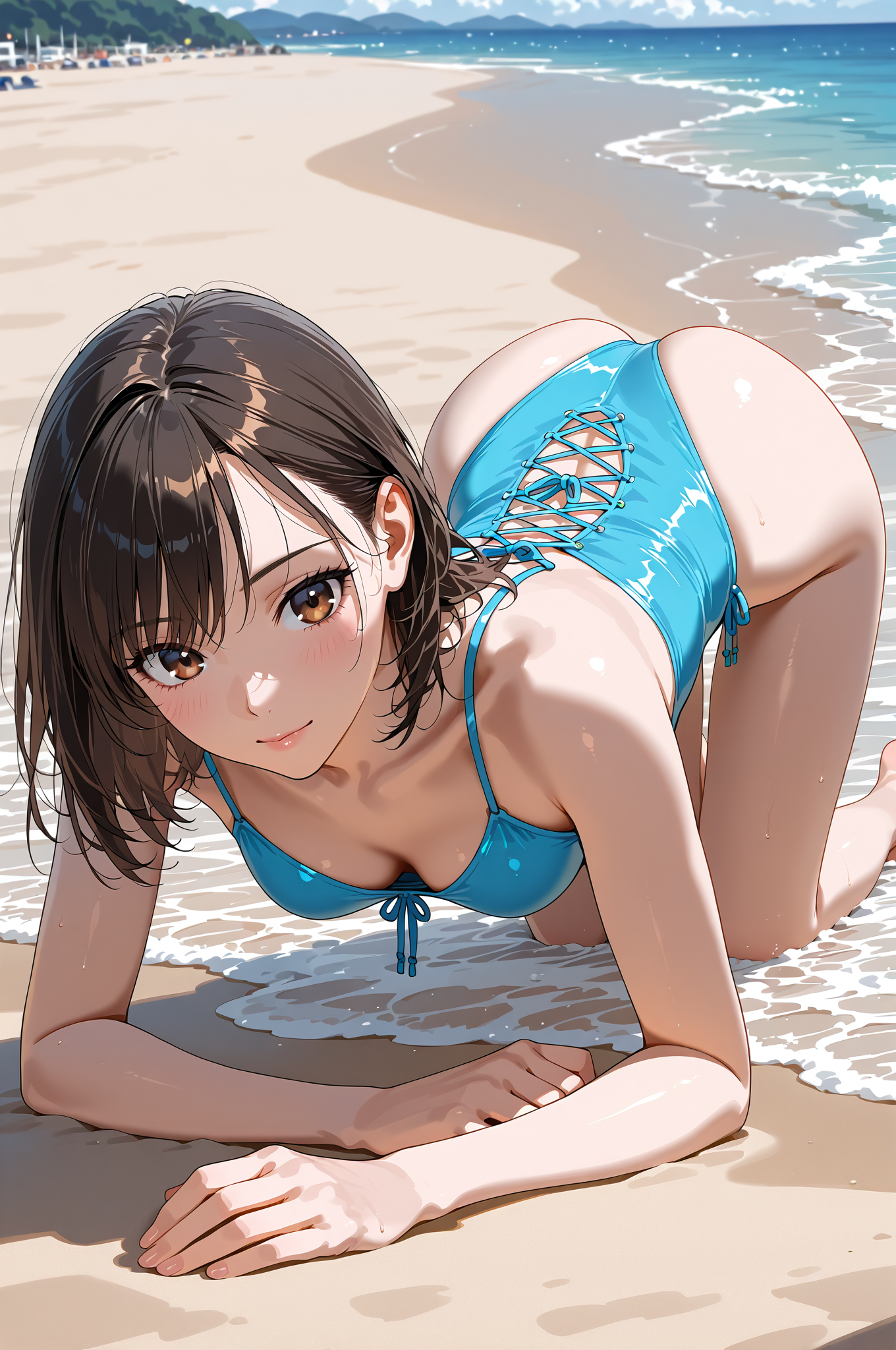 青いビキニ姿の美少女が浜辺で微笑む #水着 #ビキニ #海