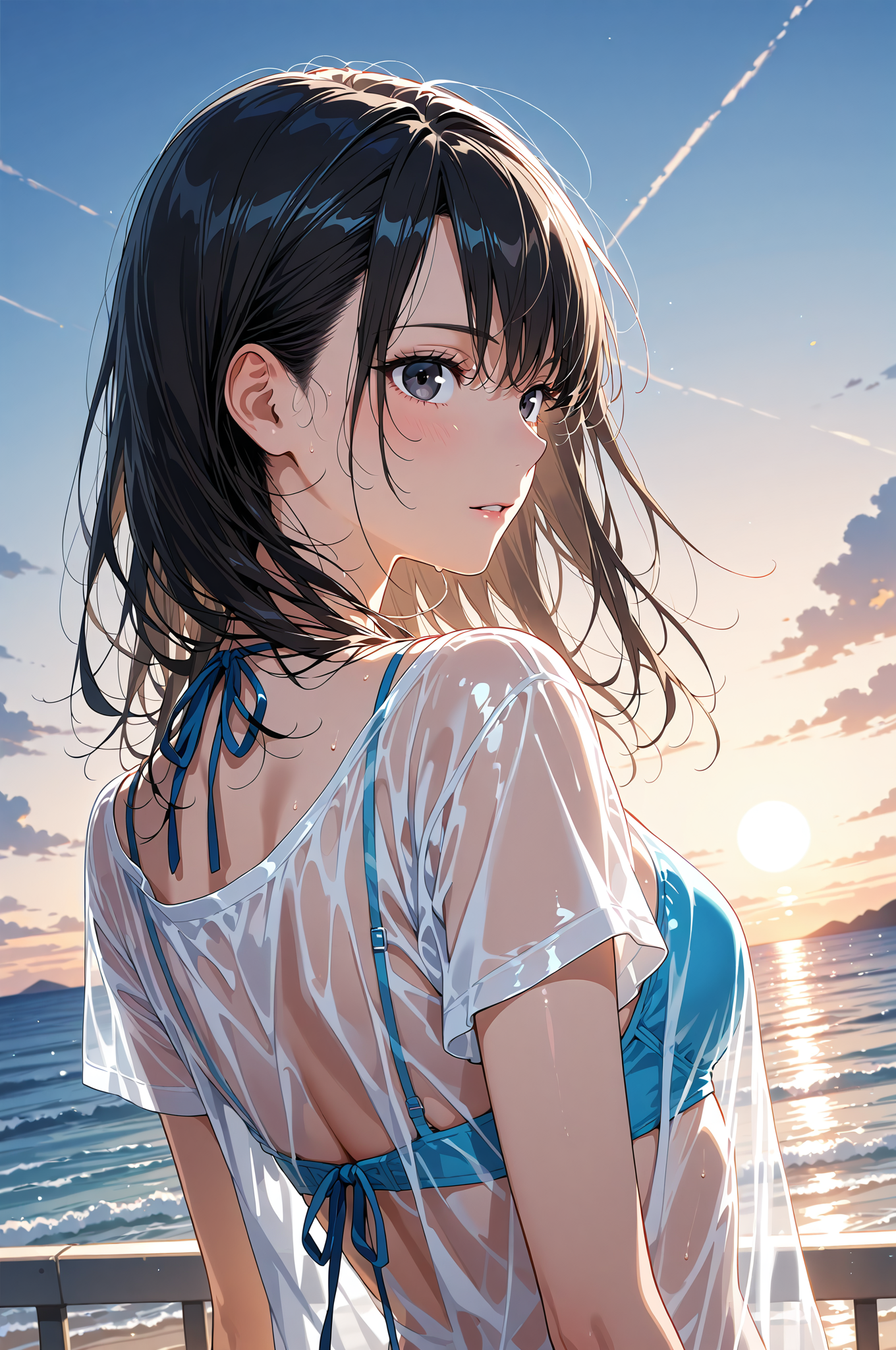 黒髪ロングの少女が見つめる夕焼けの海 #美少女 #アニメ調 #青空