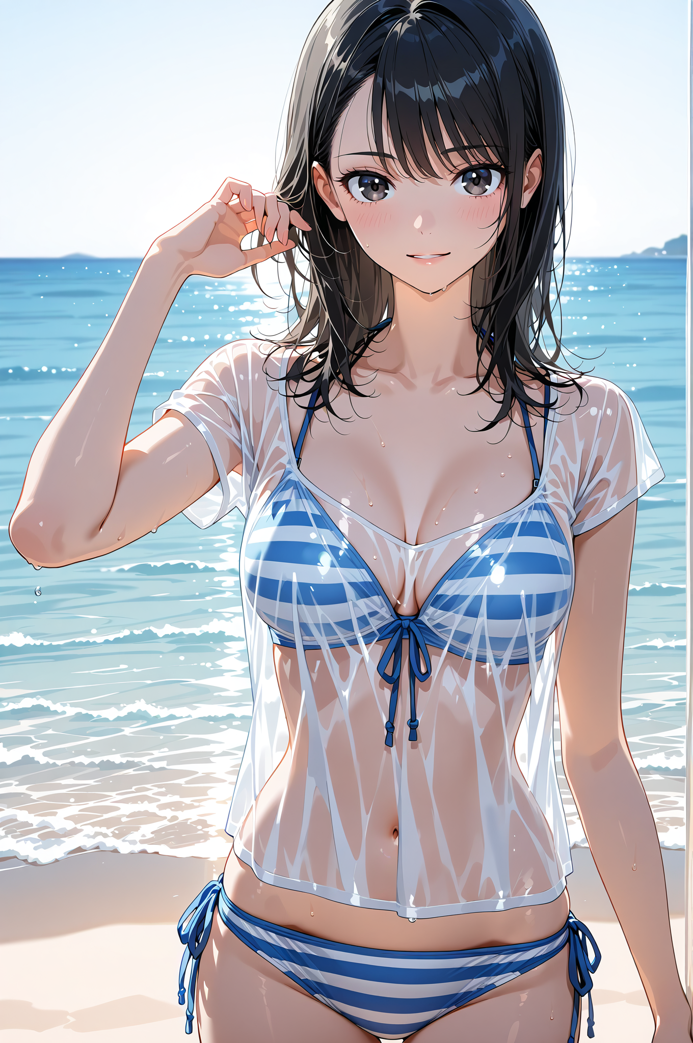 青と白の水着で海辺に立つ笑顔ポートレート #美少女 #水着 #撮影