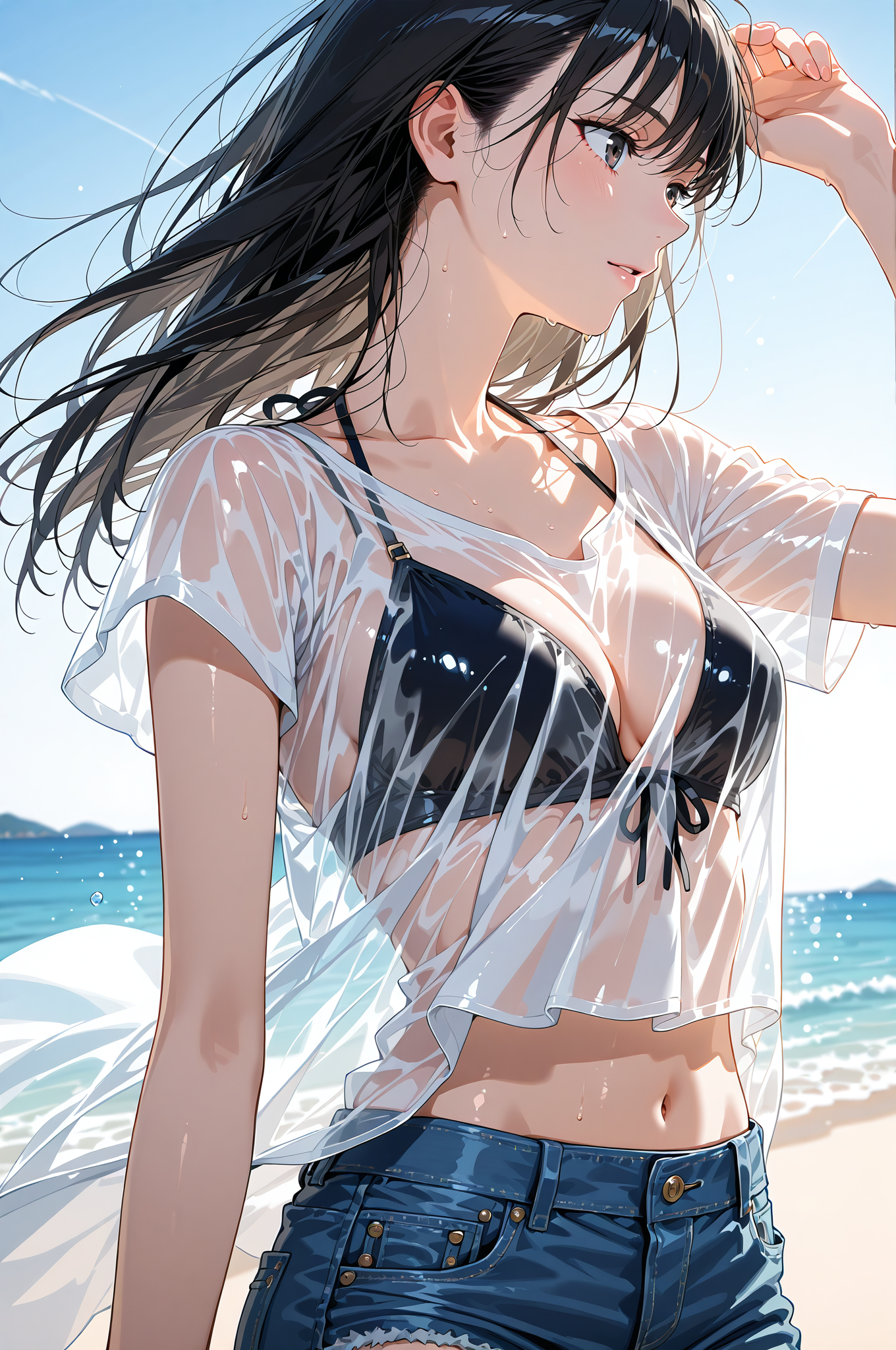 海風に揺れる黒髪、爽やかなビーチポートレート #美少女 #アニメ調 #笑顔