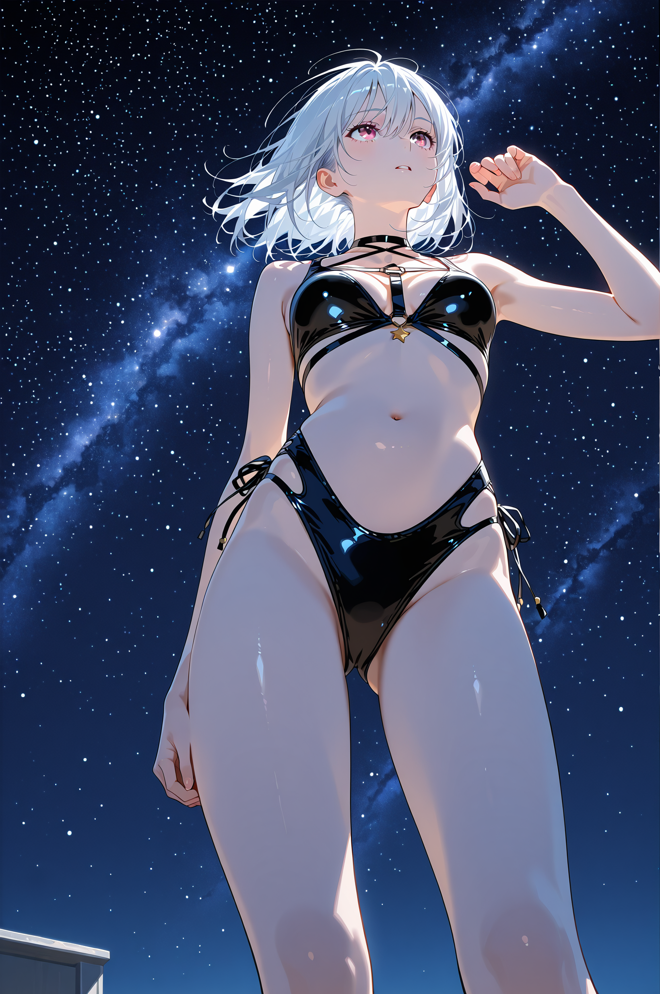星空を仰ぎ見る銀髪の少女 #美少女 #アニメ調 #かわいい