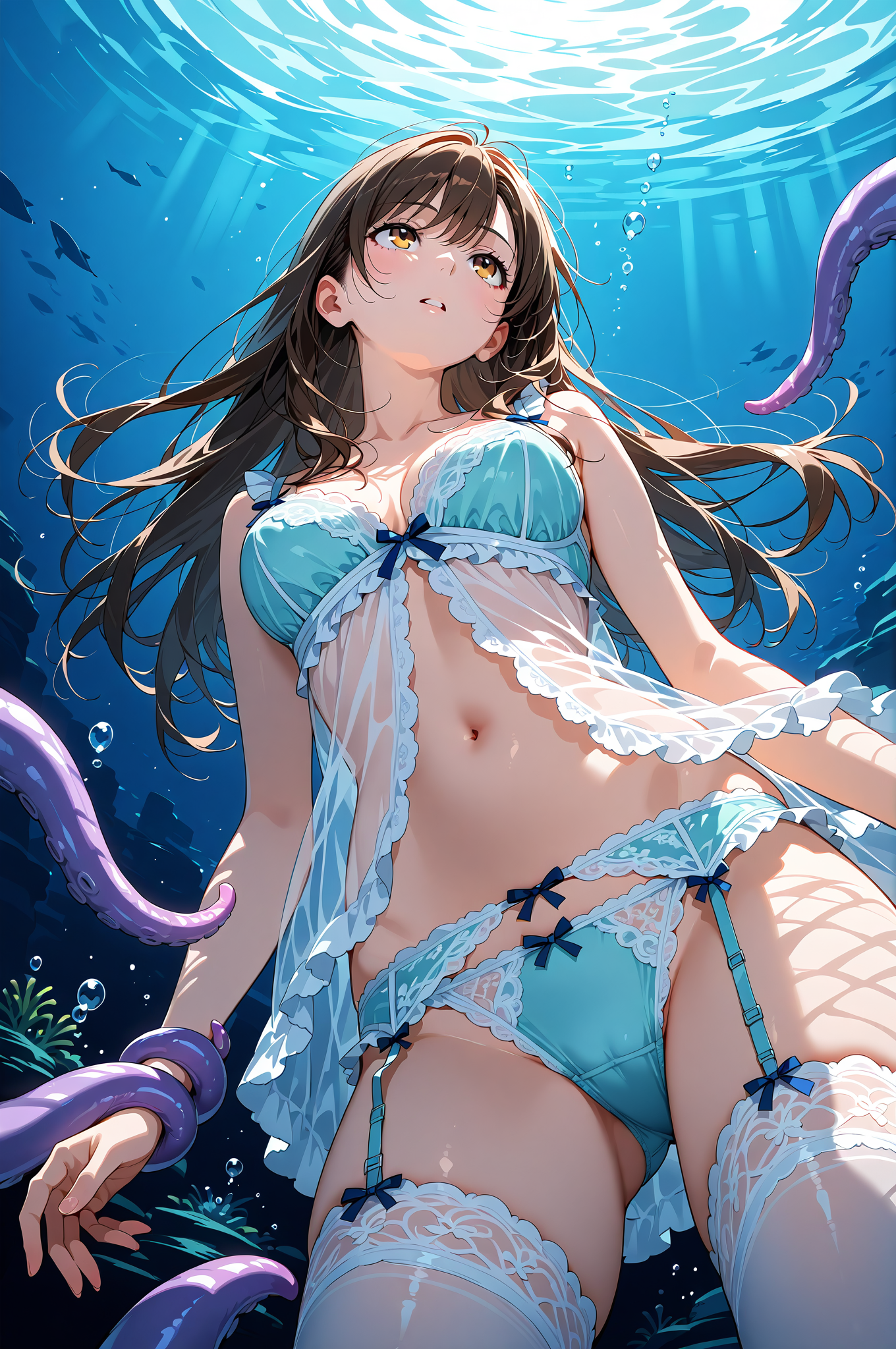 深海に輝く黒髪美少女のアニメイラスト #美少女 #笑顔 #アニメ調