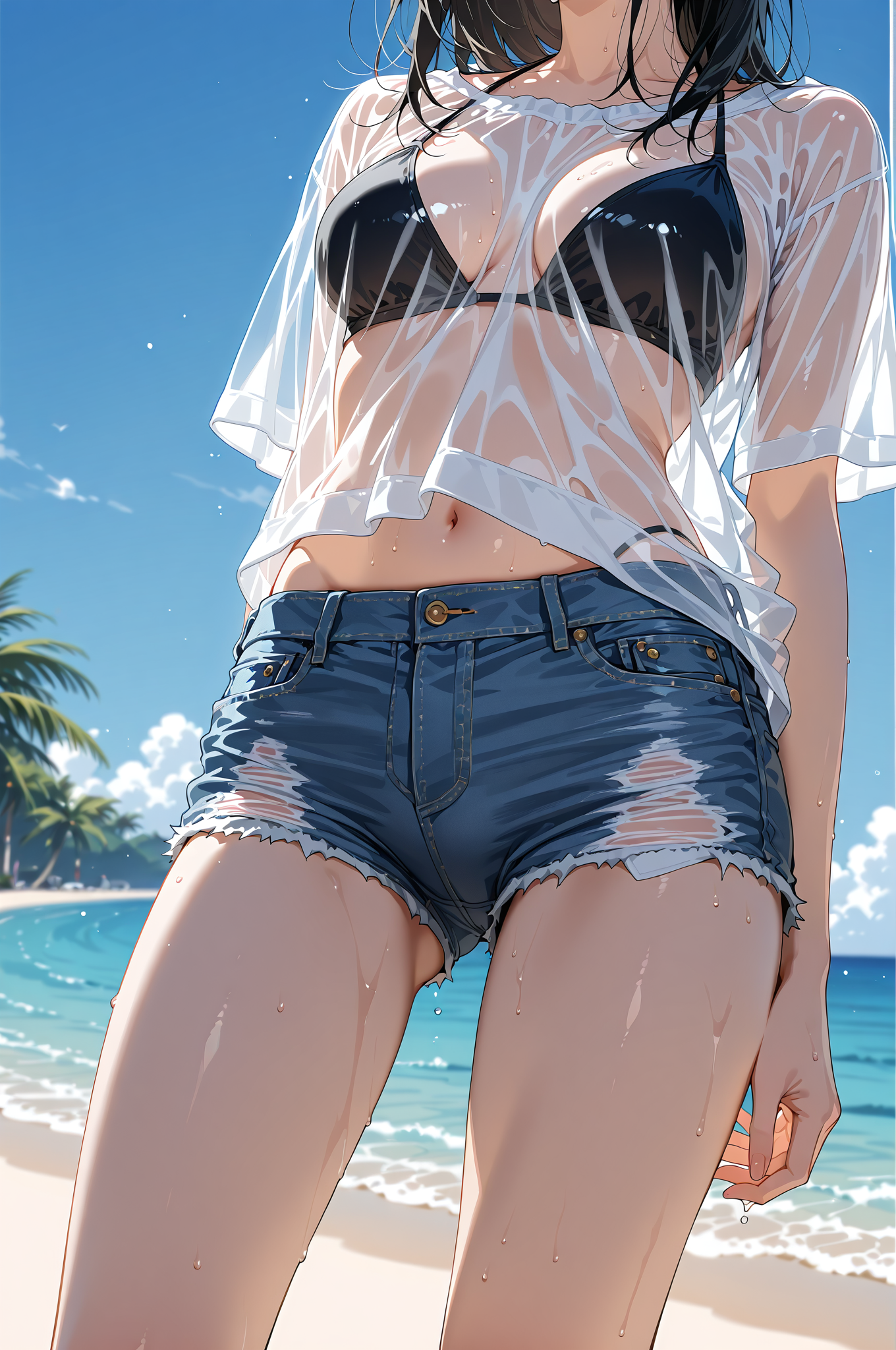 晴天ビーチの透け感コーディネート #美少女 #屋外 #空