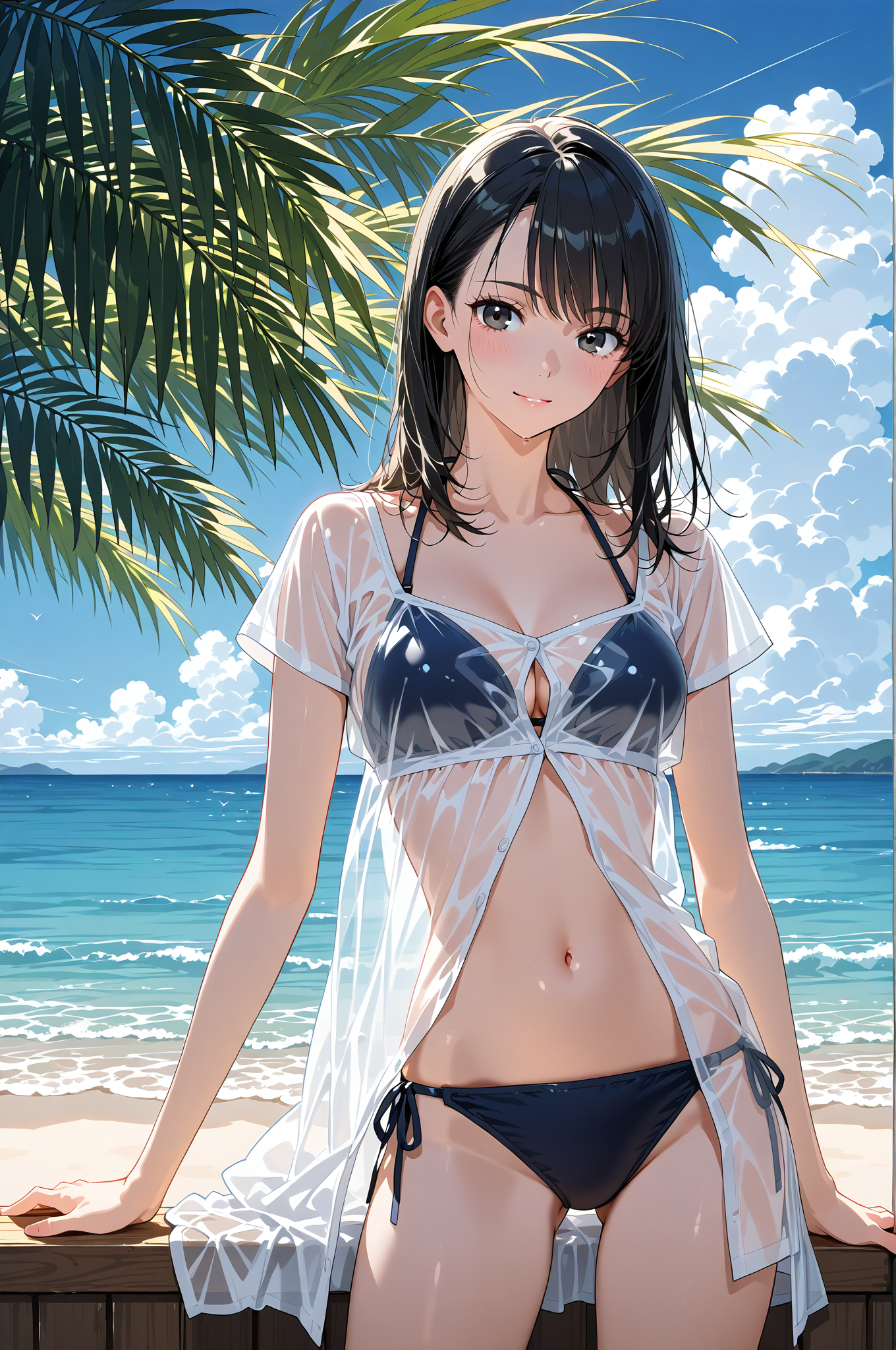 トロピカルビーチの夏姿、黒髪美少女ポートレート #美少女 #アニメ #水着
