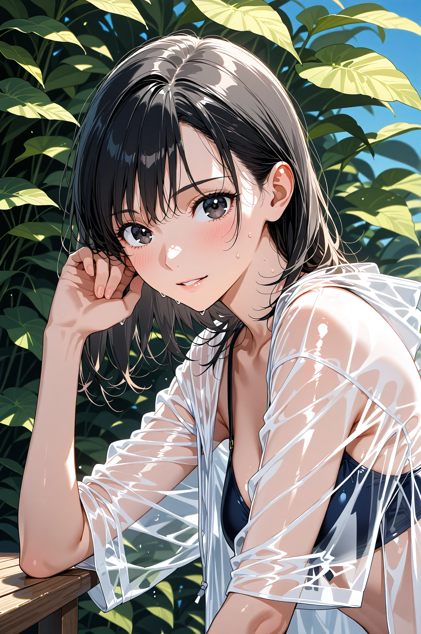 緑の庭で微笑む黒髪の少女 #美少女 #アニメ調 #笑顔