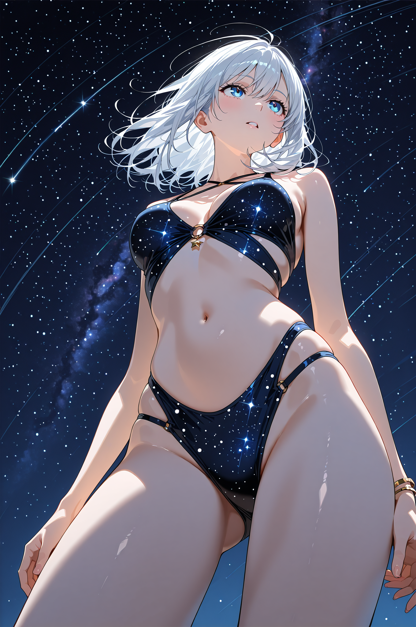 星空を映す紺色水着の白髪美少女 #水着 #美少女 #かわいい