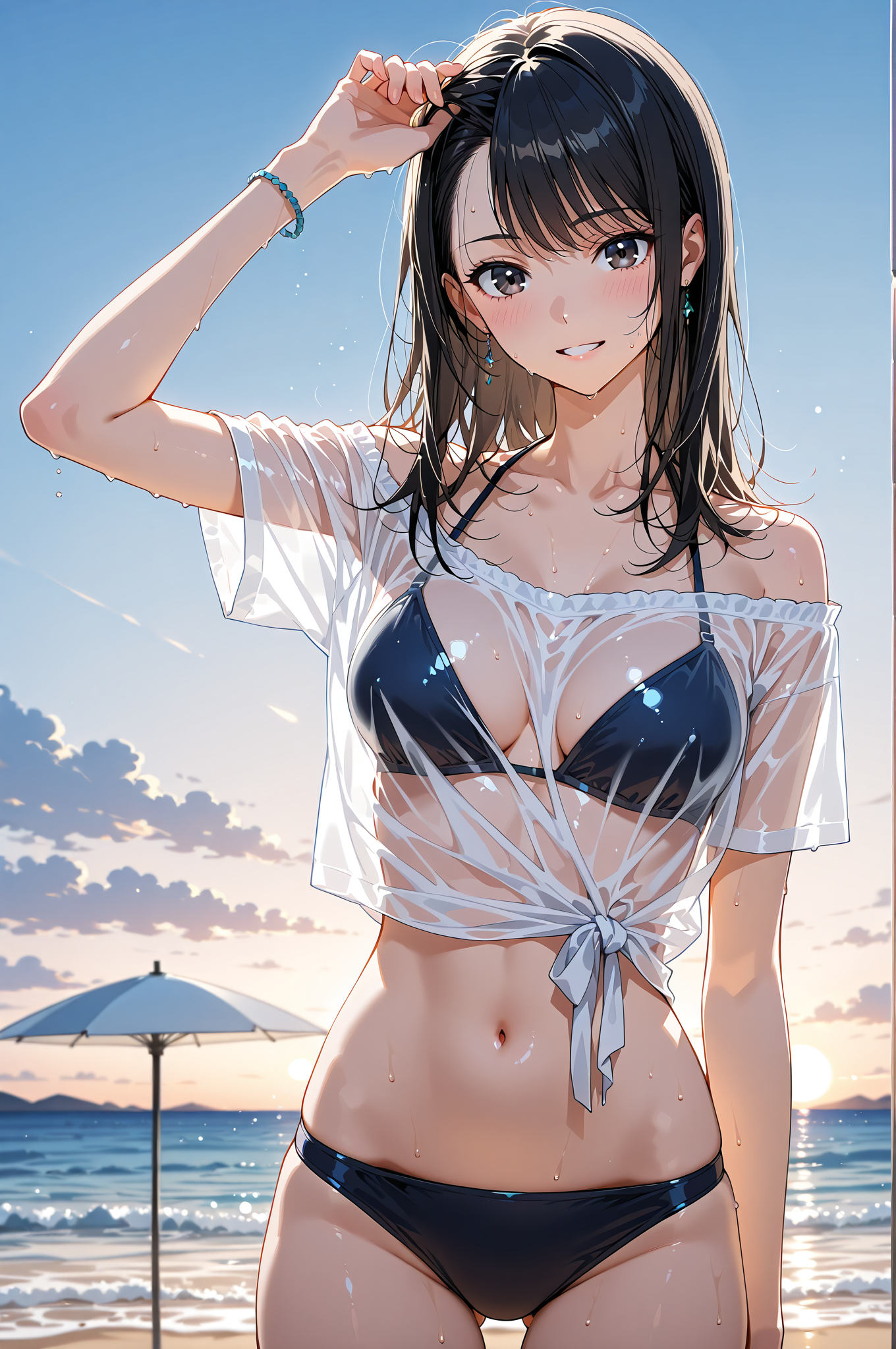 ビーチの夕焼けを背に輝く爽やかなポートレート #美少女 #アニメ #屋外