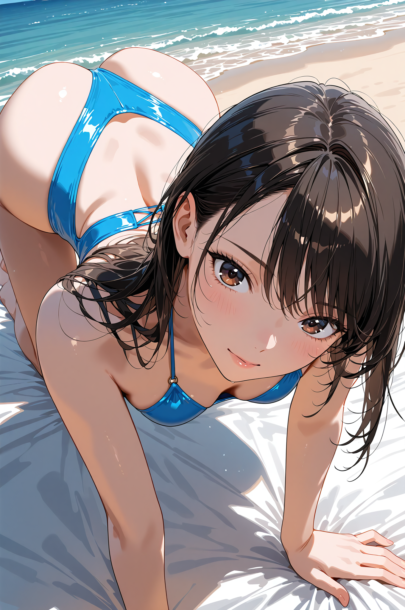 青いビキニで砂浜に佇む黒髪美少女 #美少女 #アニメ調 #笑顔