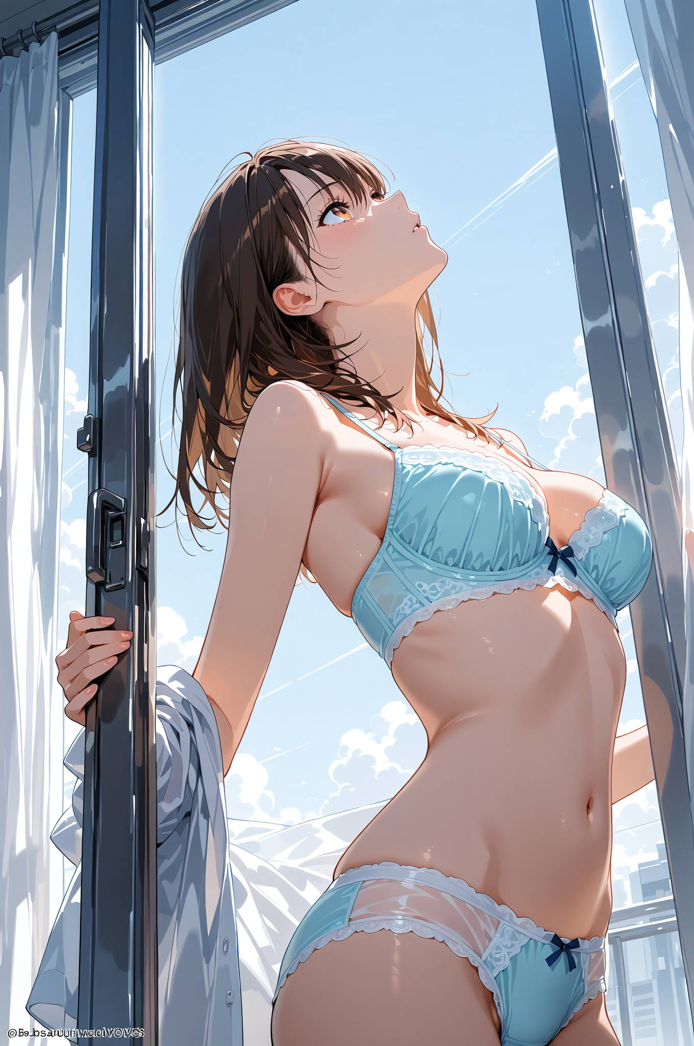 青い水着姿で空を見上げる少女 #美少女 #水着 #屋外