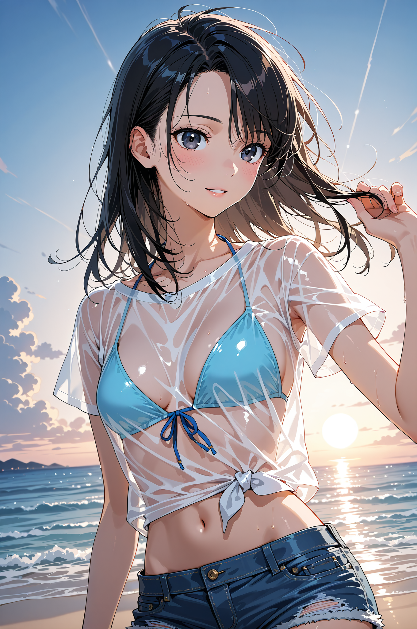 海辺の笑顔、爽やかなアニメ調ポートレート #美少女 #アニメ調 #屋外